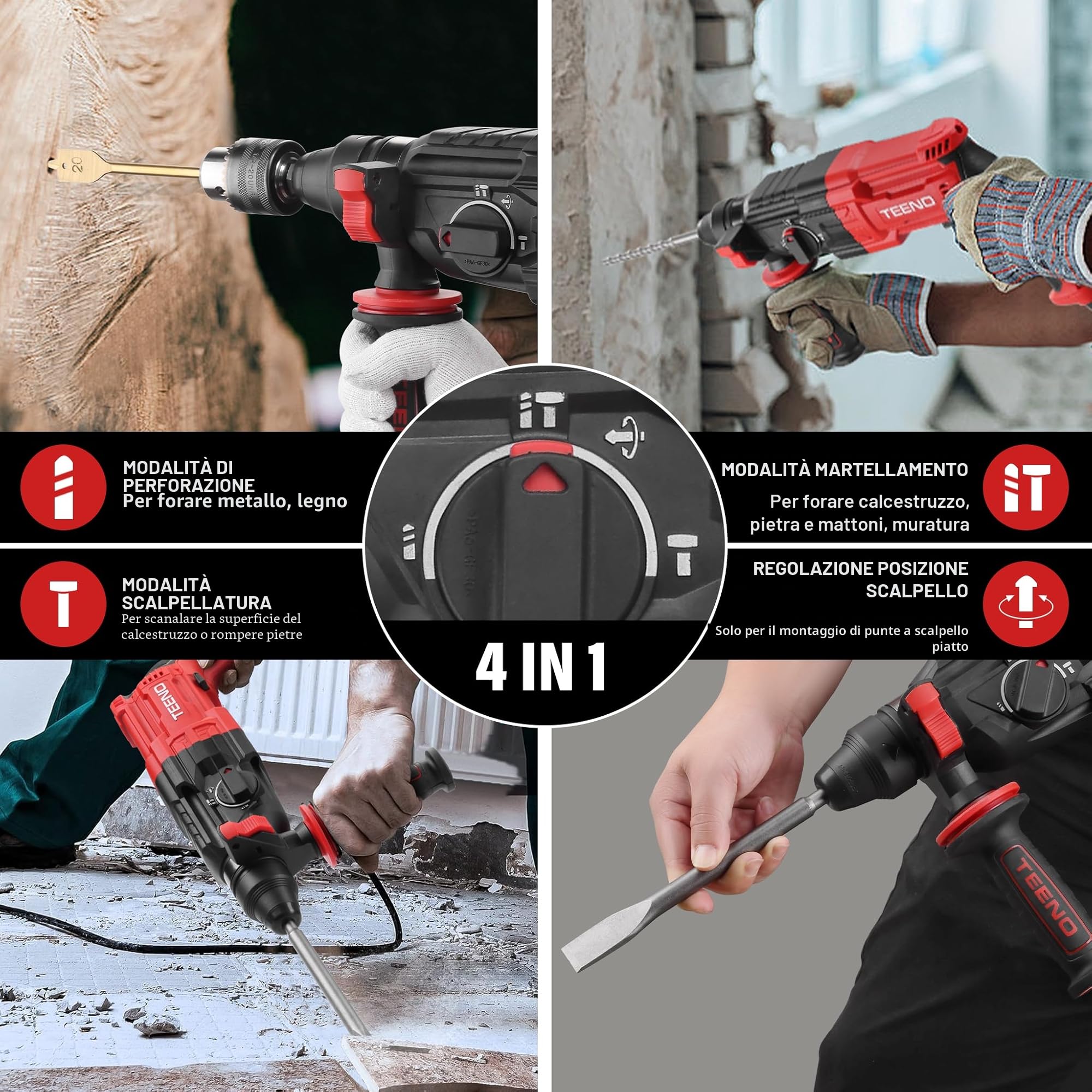 TEENO Martello Perforatore SDS Plus 950W con 17 Accessori,Martillo Ligero 0-1150giri/min/5100BPM,4 Funzioni e Frizione di Sicurezza,Velocità Variabile, Calcestruzzo, Acciaio, Legno