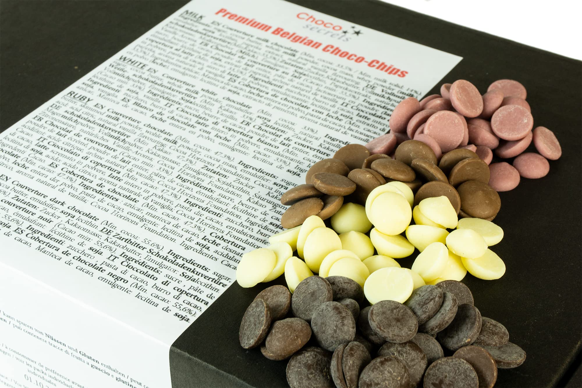 CHOCO SECRETS Quattro - Belgische Schokolade für Schokobrunnen - 4 x 600g, Vollmilch, Zartbitter, Weiß, Ruby - Schokofondue & Schokoladenbrunnen - Kuvertüre & Ganache - Choco Drops