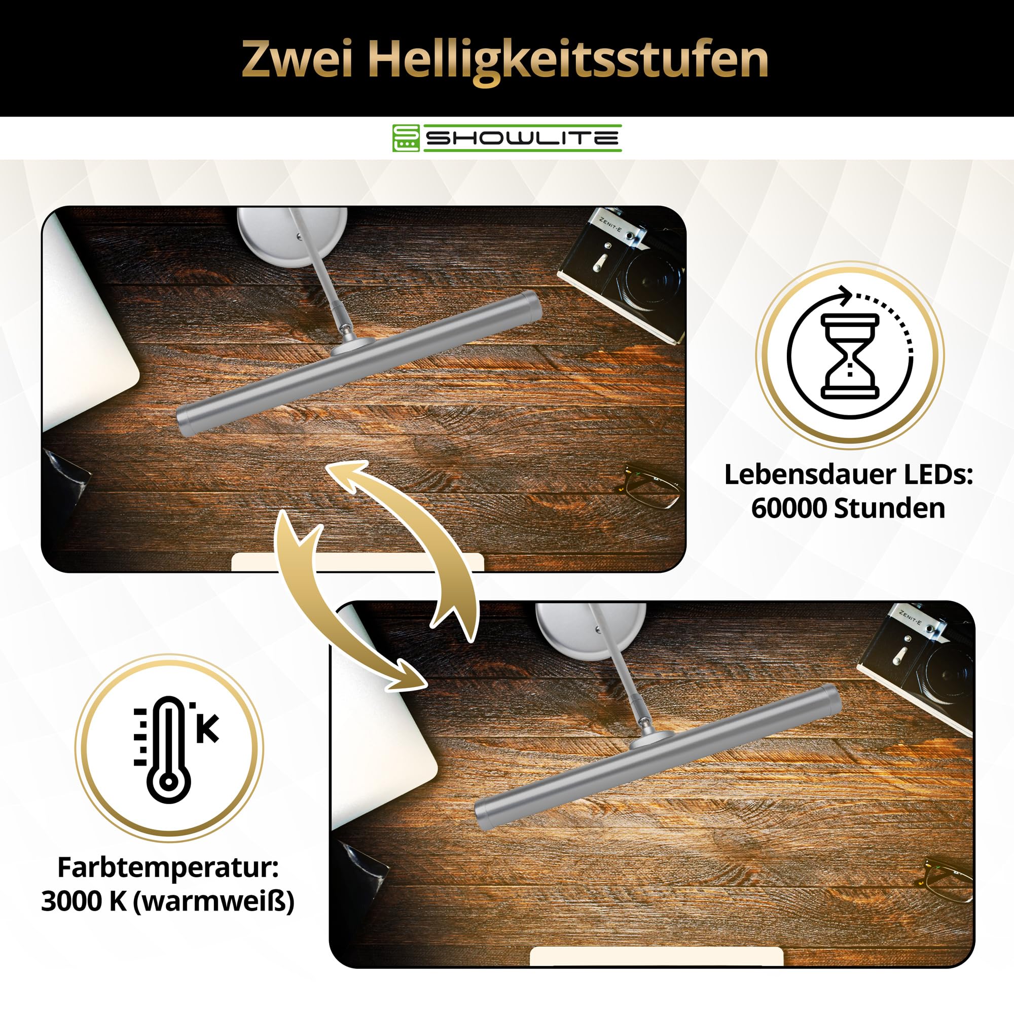 Showlite PL-1-SL-KW LED Klavierleuchte - Klavierlampe mit 15 LEDs - warmweißes Licht in 2 Stufen - 36 cm Höhe - Betrieb per USB, Netzstrom oder Batterie - silber matt