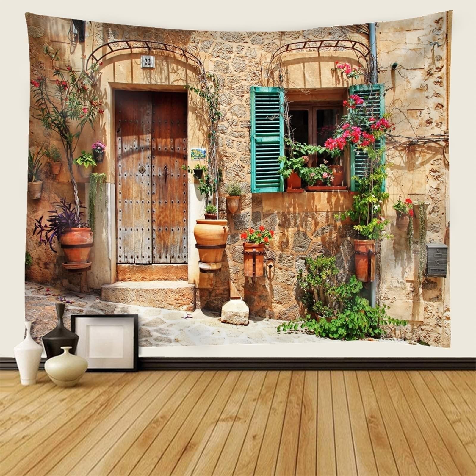 Calefee Tapisserie Murale L 300 x H 256 Chambre, Tenture Murale en Polyester pour Salon avec Motif Paysage Nature Rue de la Ville D'Italie