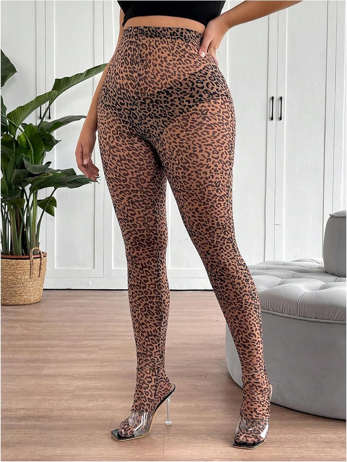 WDIRARA Women's Plus Size Mesh Leopard Print Leggings High Waisted Sheer Skinny Pants - Image 3