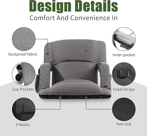 Miniatura 4 de Sillas de estadio plegables extra anchas con respaldo y cojín, diseño estilo sofá, 6 posiciones reclinables, asientos impermeables (1, gris, 26