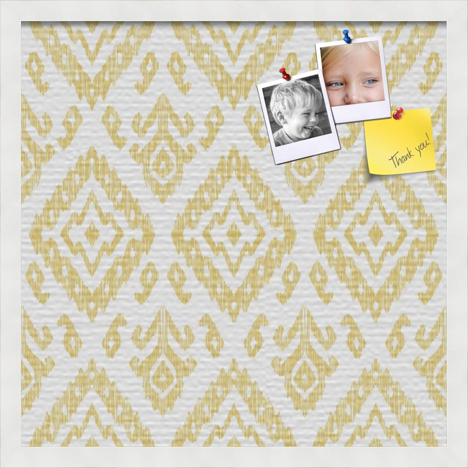 PinPix 20x20 inch Cork Bulletin Board. This Decorative Framed Pin Board Comes with Ikat Vintage Gold Design and Satin White Frame. Ideal for Home, Office Decor or School (PinPix-1598)