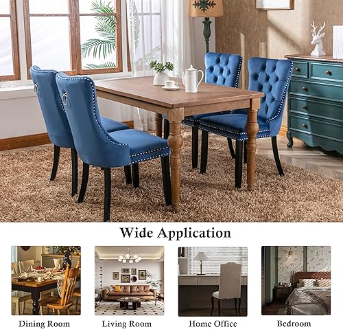 Miniatura 4 de Rhomtree Juego de 4 sillas de comedor de tela de terciopelo respaldo copetudo de lujo con ribete clavado y anillo trasero sillas de comedor sin