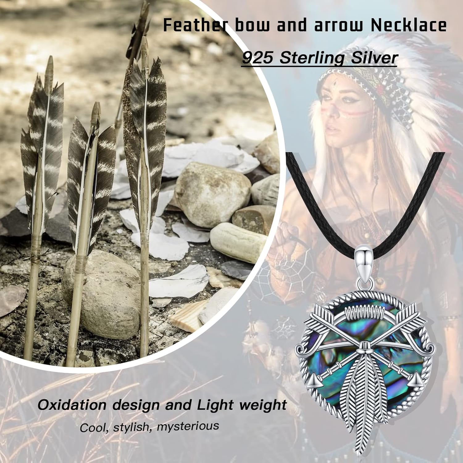 Native American Jewelry 925 Sterling Silver Feather Pendant Bow Arrow Necklace Abalone Shell Necklace Indigenous Jewelry Indian Gifts for Women Men Birthday - Image 6