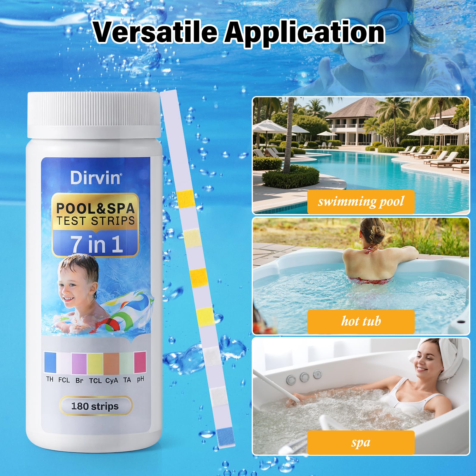 Dirvin Tiras de prueba de 7 vías para piscina y spa, 180 tiras para jacuzzi y piscina, prueba precisa de dureza total, cloro libre, bromo, cloro total, ácido cianúrico, alcalinidad total, pH