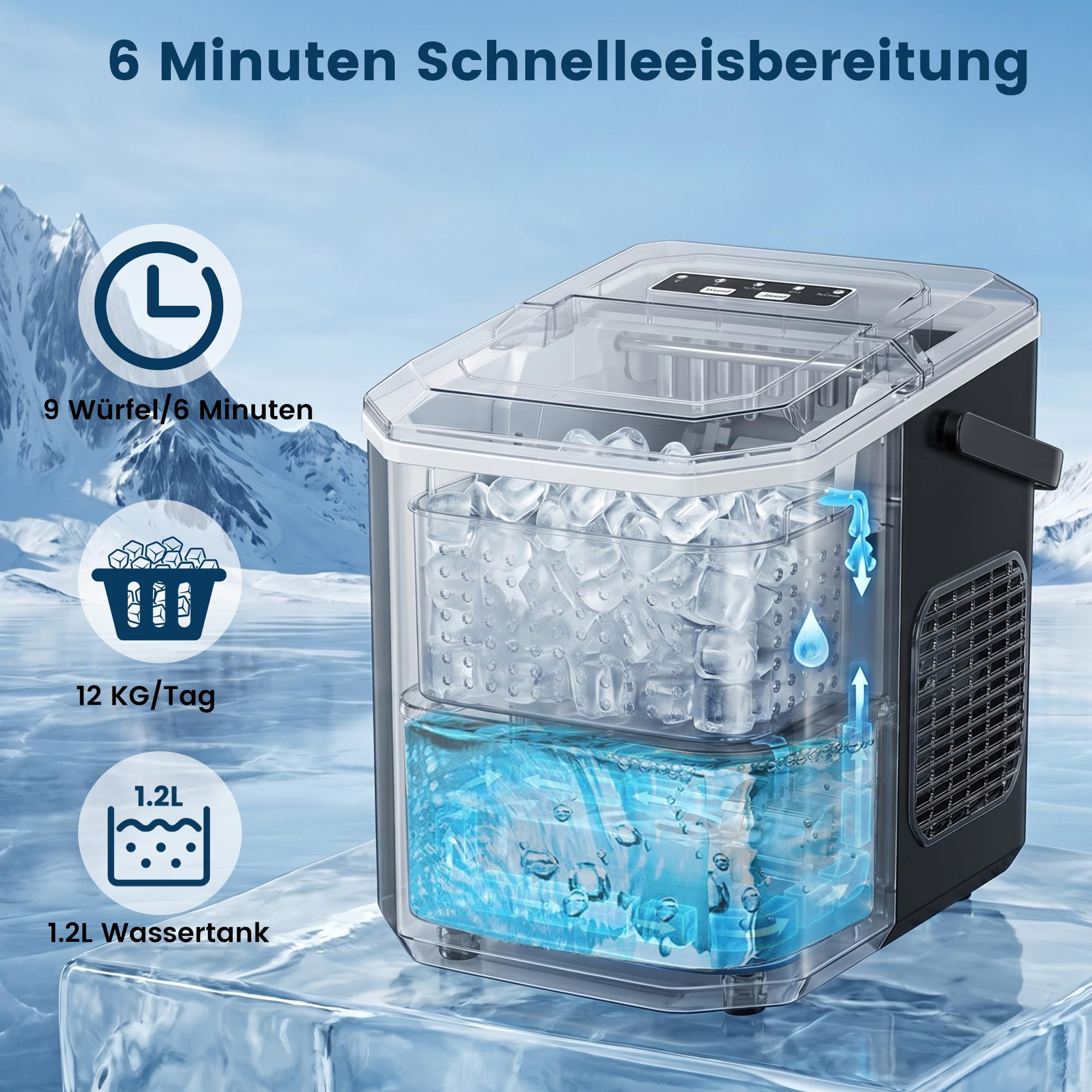 Eiswürfelmaschine Klein, Eiswürfelbereiter mit Tragbarem Griff, 2 Eiswürfel Größen, 9 Würfel in 6 Minuten Fertig, Selbstreinigende Eiswürfelmaschinen Ice Maker für Zuhause