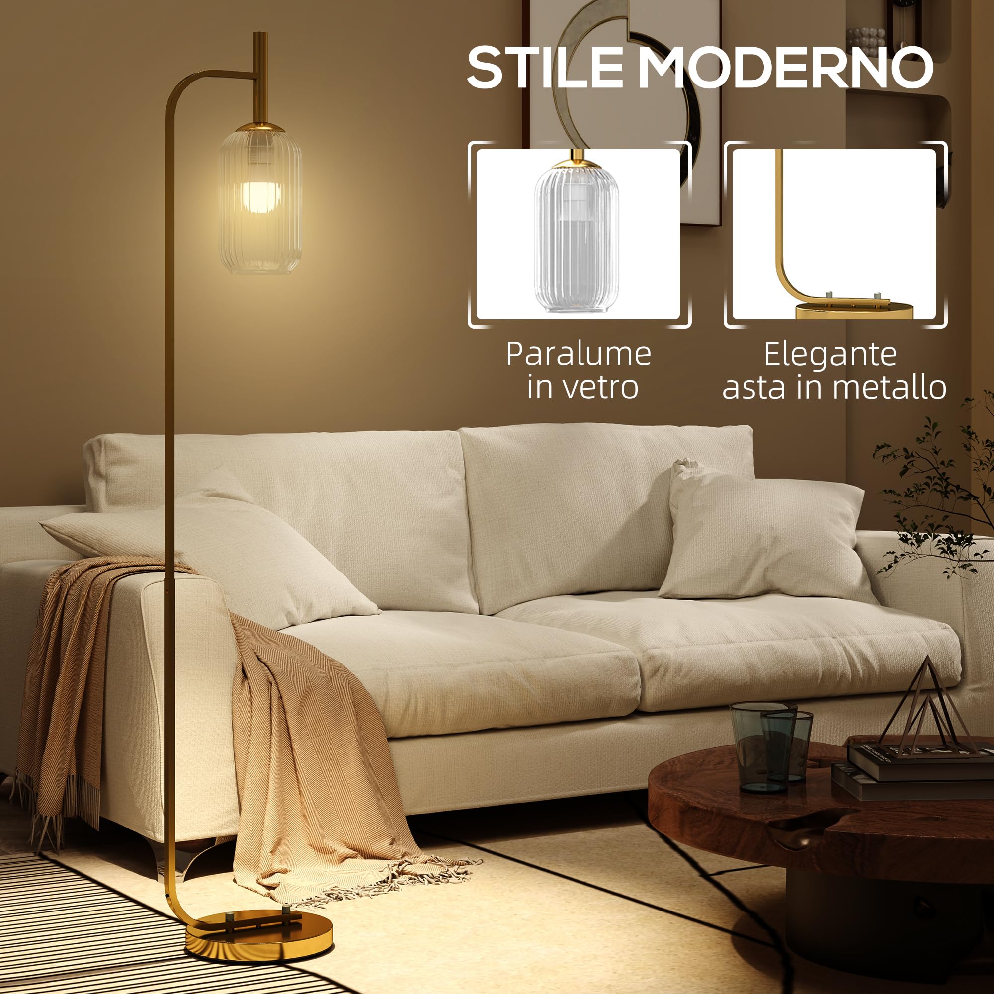 HOMCOM Lampada da Terra Moderna con Paralume in Vetro, Lampada a Piantana con Interruttore a Pedale per Lampadine E27 LED, per Soggiorno, Camera da Letto e Ufficio, 153cm, Oro