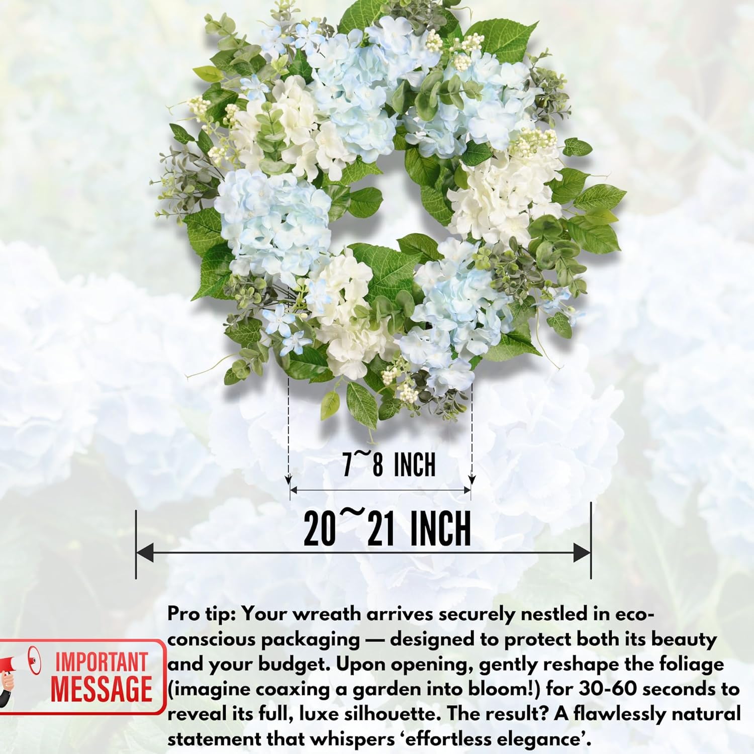 Spring Wreath Artificial Hydrangea Eucalyptus 20IN, Light Blue White Green, Spring Easter Summer Front Door Wall Décor
