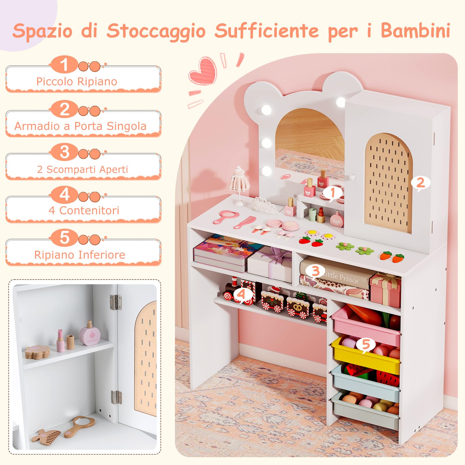 COSTWAY Toeletta per Bambine 3+ Anni, Set Tavolo e Sedia con Luci da Principessa con 5 Cassetti e 2 Scomparti, Armadietto con Porta e Scaffale Aperto, Ideale per Cameretta Bambina (Bianco)