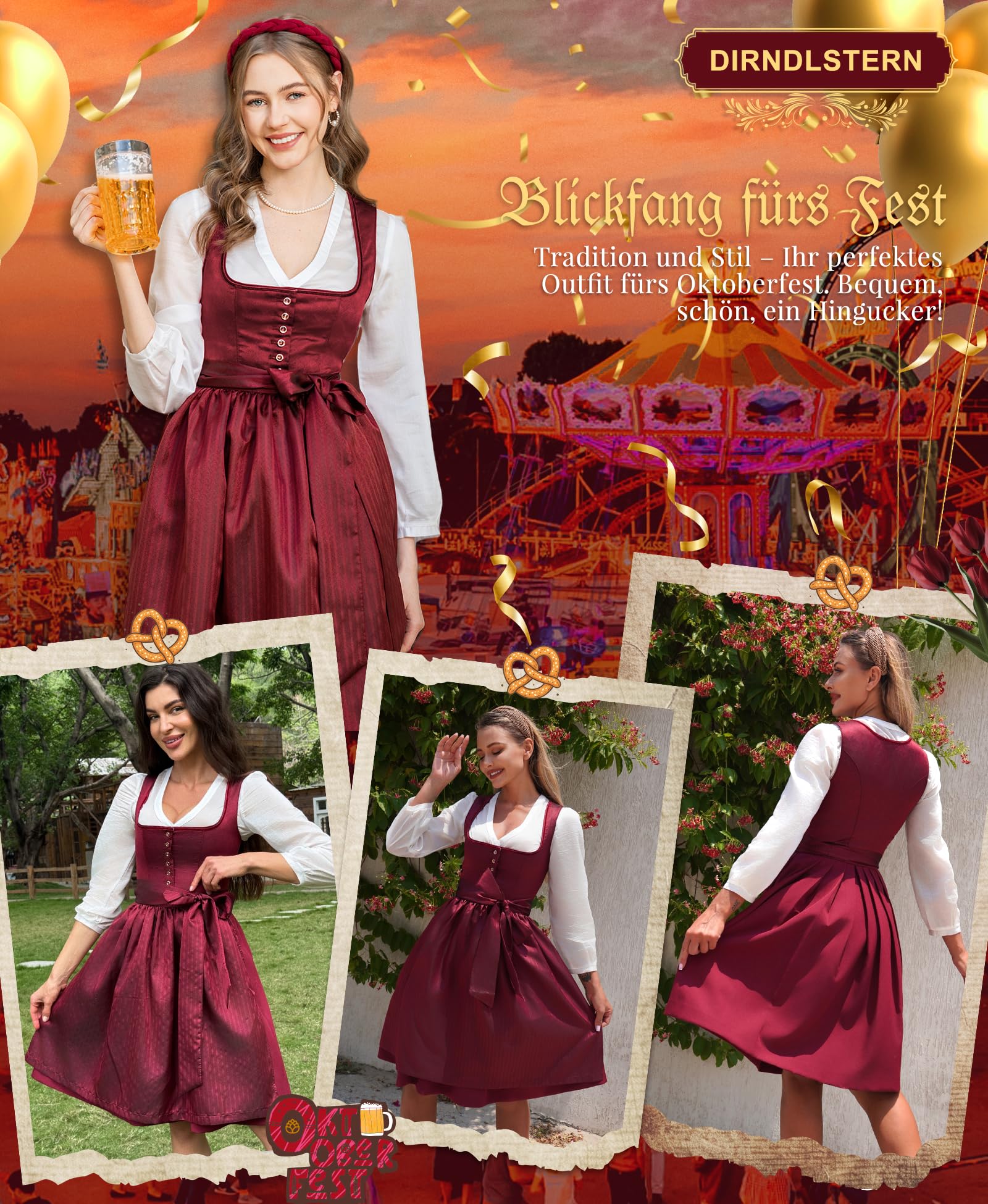 DIRNDLSTERN Damen Midi Rot –Trachtenkleid Damen Dirndlkleid mit Plissee Dirndlschürze für Oktoberfest