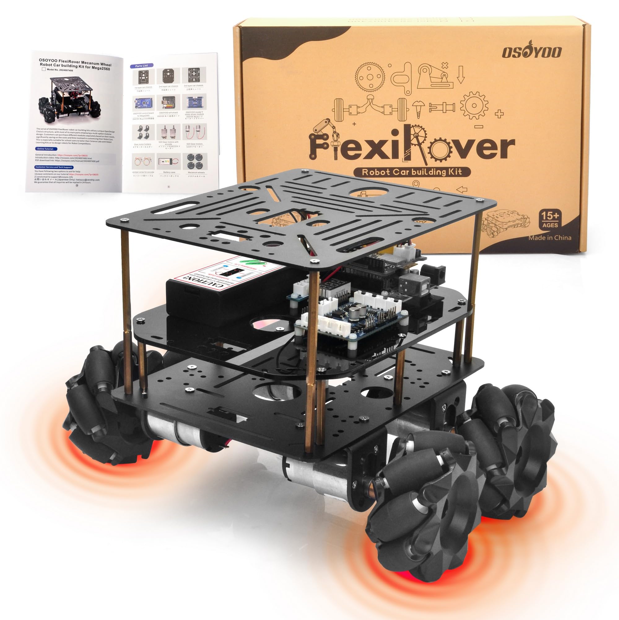 osoyoo flexirover robot car kit for arduino mega2560 with wifi expansion board  520 motors mecanum wheels 4-wheel drive motor board battery amp charger customizable chassis for advanced robotics