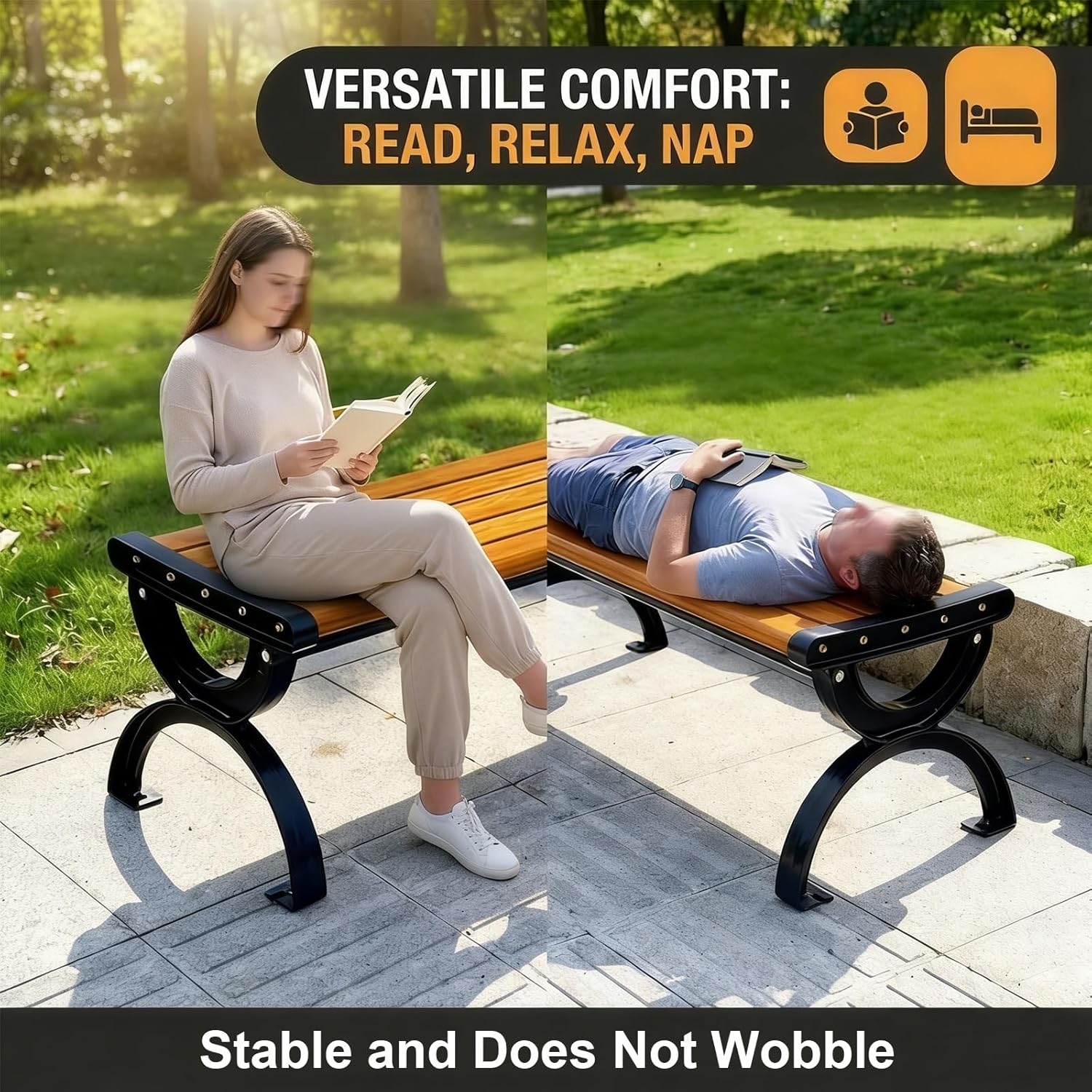 15in High Outdoor Garden Bench Metal, Waterproof Park Patio Benches, with a Load Capacity of 837lbs, Ideal for Outdoor Use(Black,180x38x38cm/71x15x15in)