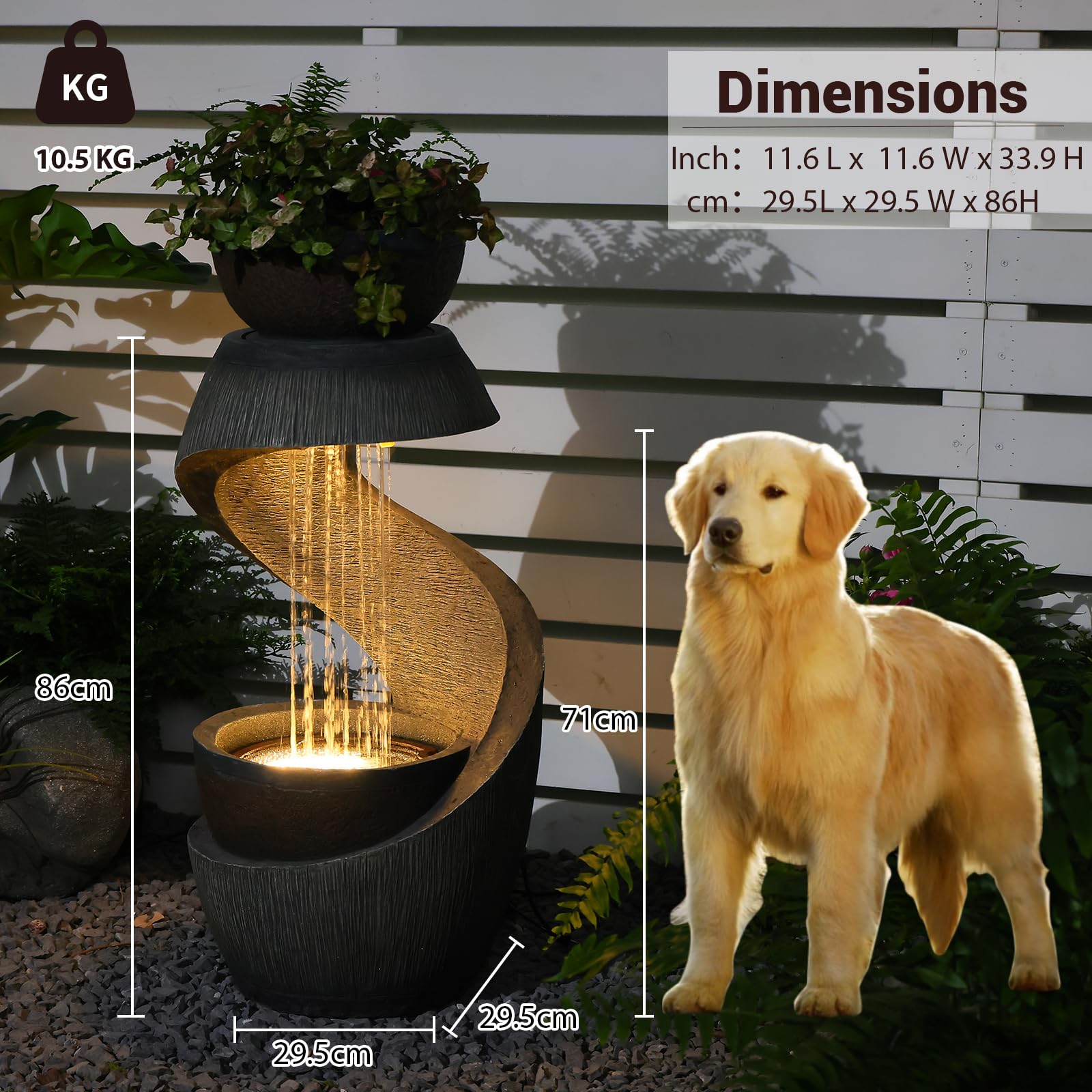 Bumilgar Gartenbrunnen Brunnen Zierbrunnen Zimmerbrunnen Brunnen Springbrunnen mit LED-Licht Wasserfall Wasserspiel für Garten,Balkon,Terrasse, 82 cm