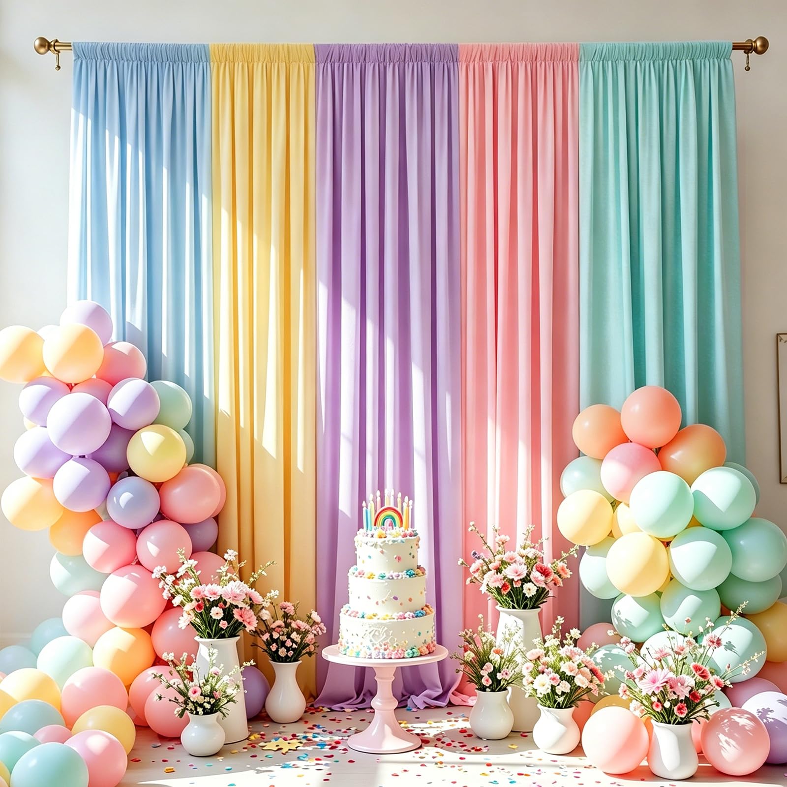 Photo 1 of 10×7FT Rainbow Backdrop Curtains for Parties - 5 Colors Pastel Drapes for Backdrop with 4 Inch Rod Pockets - Colorful Curtain Backdrop for Unicorn Birthday, Baby Shower, Rainbow Party Decorations