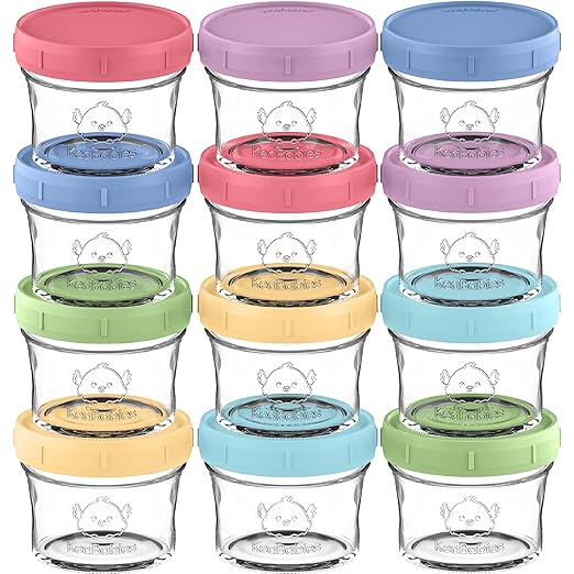 KeaBabies 12pk 4oz Glass Baby Food Containers with Lids - Leak-Proof, Microwavable Small Glass Jars, Baby Purees & Toddler Snack Storage Containers, BPA-Free, Dishwasher & Freezer Safe (Nord)