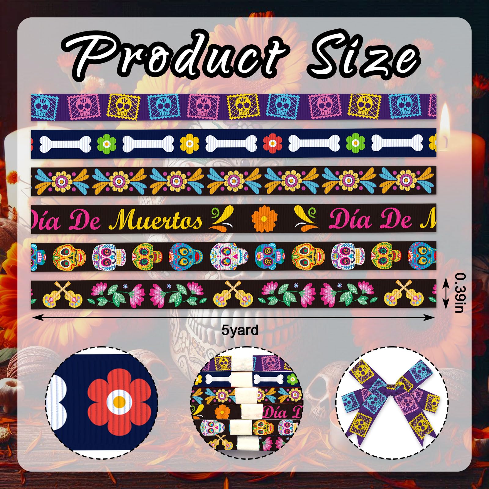 Snapklik.com : 6 Rolls 18 Yards Day Of The Dead Ribbons, 3/8