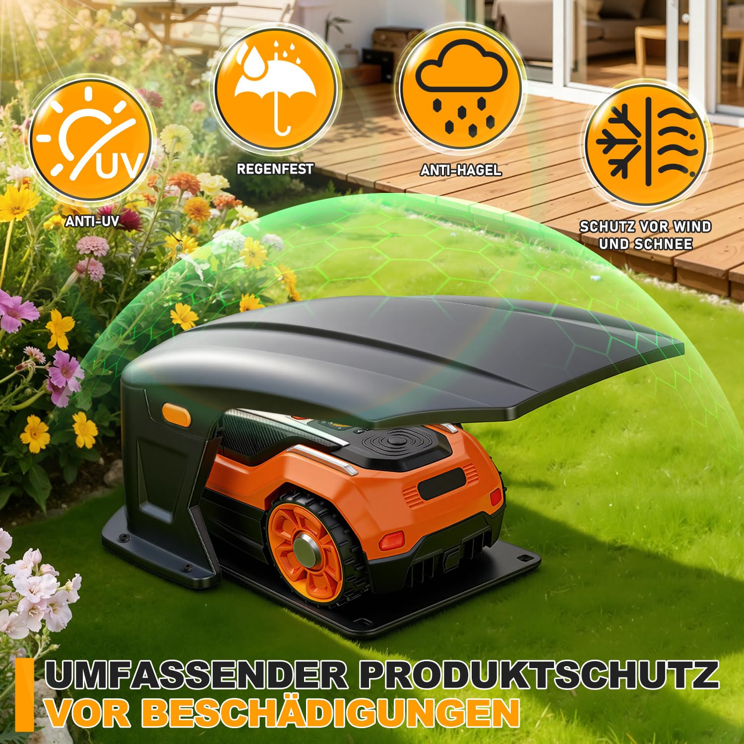 Mähroboter Garage mit Klappdach, Garage für Mähroboter mit Serviceklappe,Rasenroboter Garage wetterfest,UV- & Regenschutz,Ohne Signalstörung,70.5x57x33cm