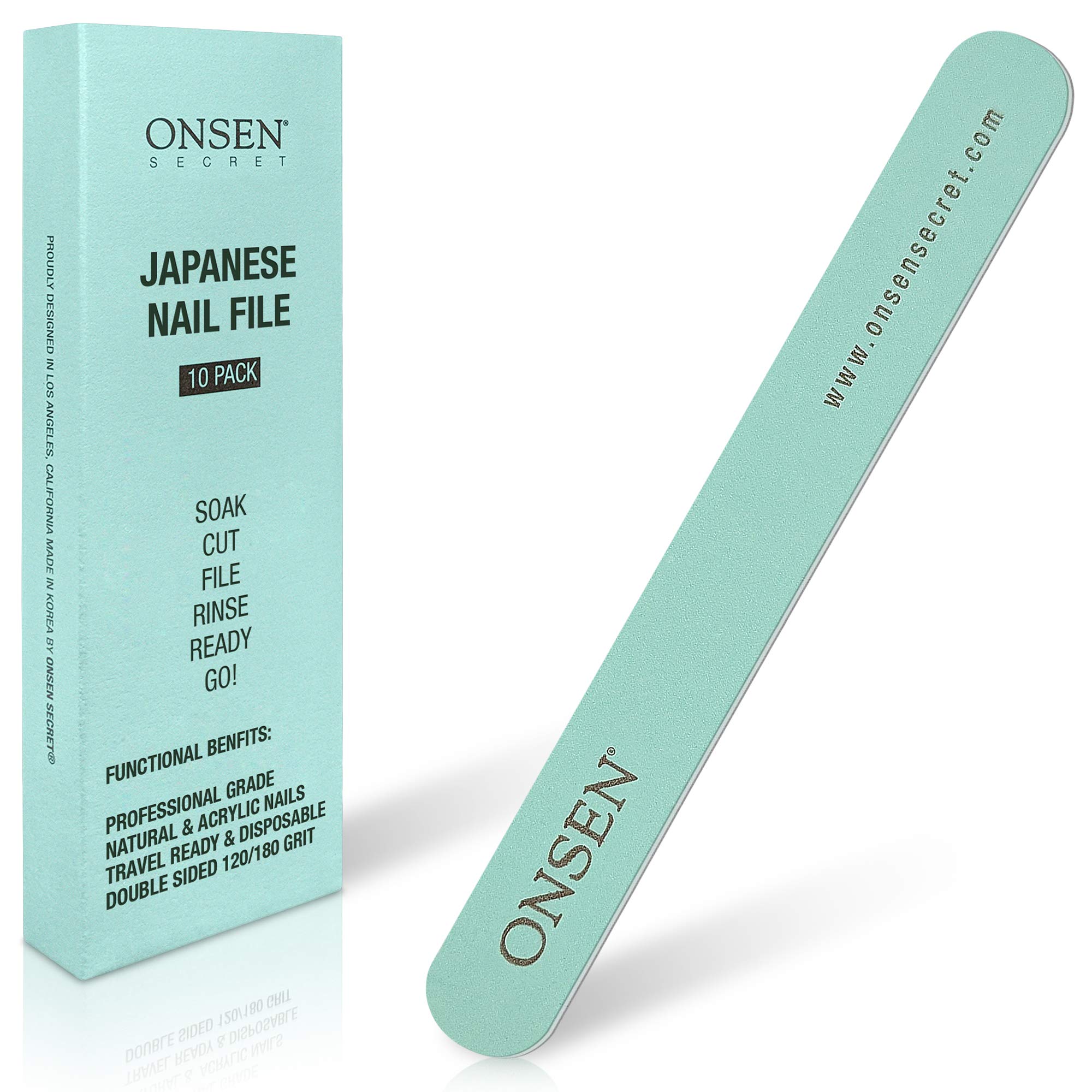 Onsen Secret Japanese Nail File - Professional 10-Pack Nail Files, Double Sided Natural & Acrylic Nail Filers - 120/180 Grit - Disposable, Salon Smooth, Best Nail File For Shiny Nails (10 Counts)