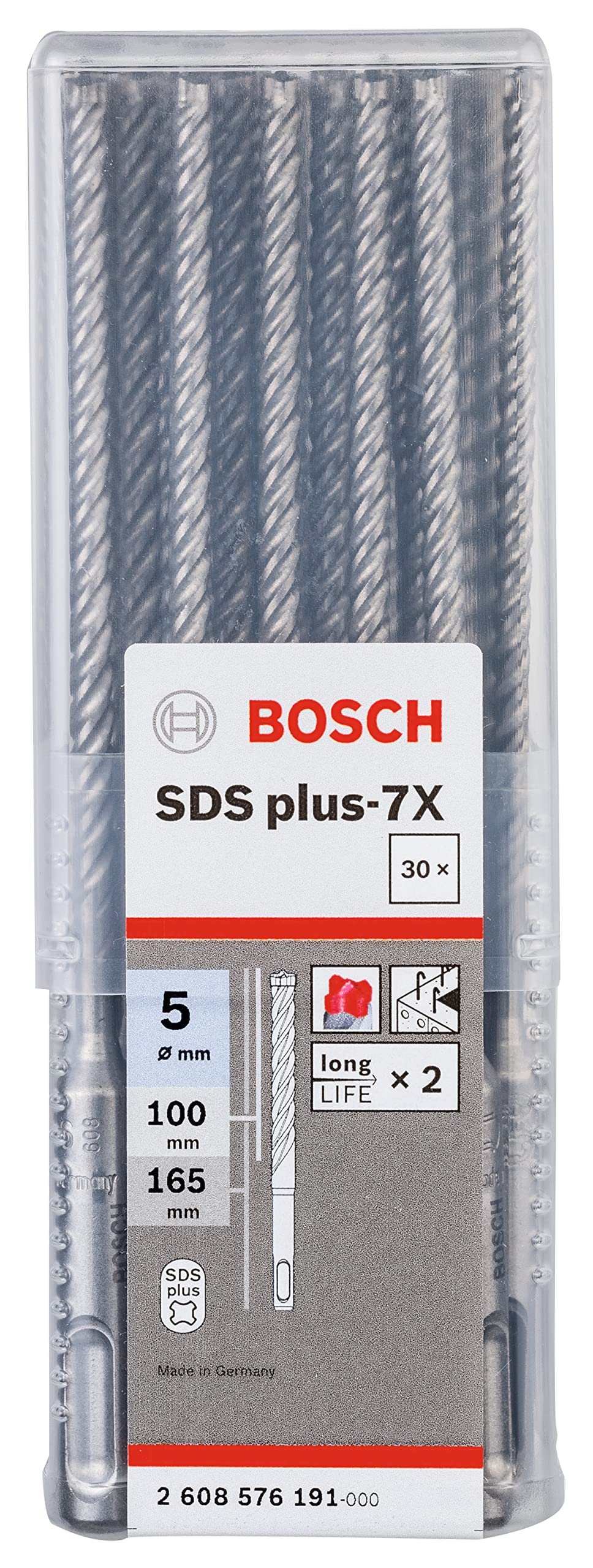 Bosch Professional 2608576191 - Juego de 30 brocas para martillo SDS Plus-7X (para hormigón armado, hormigón y mampostería, 5 x 100 x 165 mm, accesorios para martillo perforador)