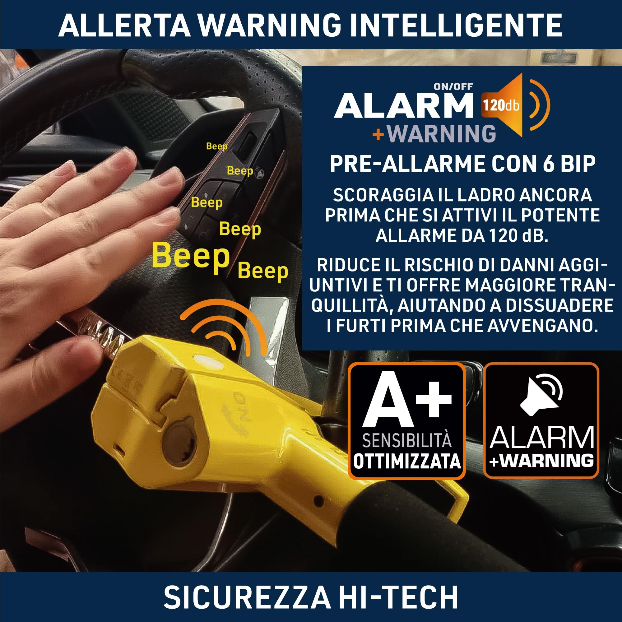 URBAN UR978Y Antifurto Auto Doppia Sicurezza Blocca Sterzo 120dB LED Bloccaggio Automatico Blocco Volante Meccanico Universale