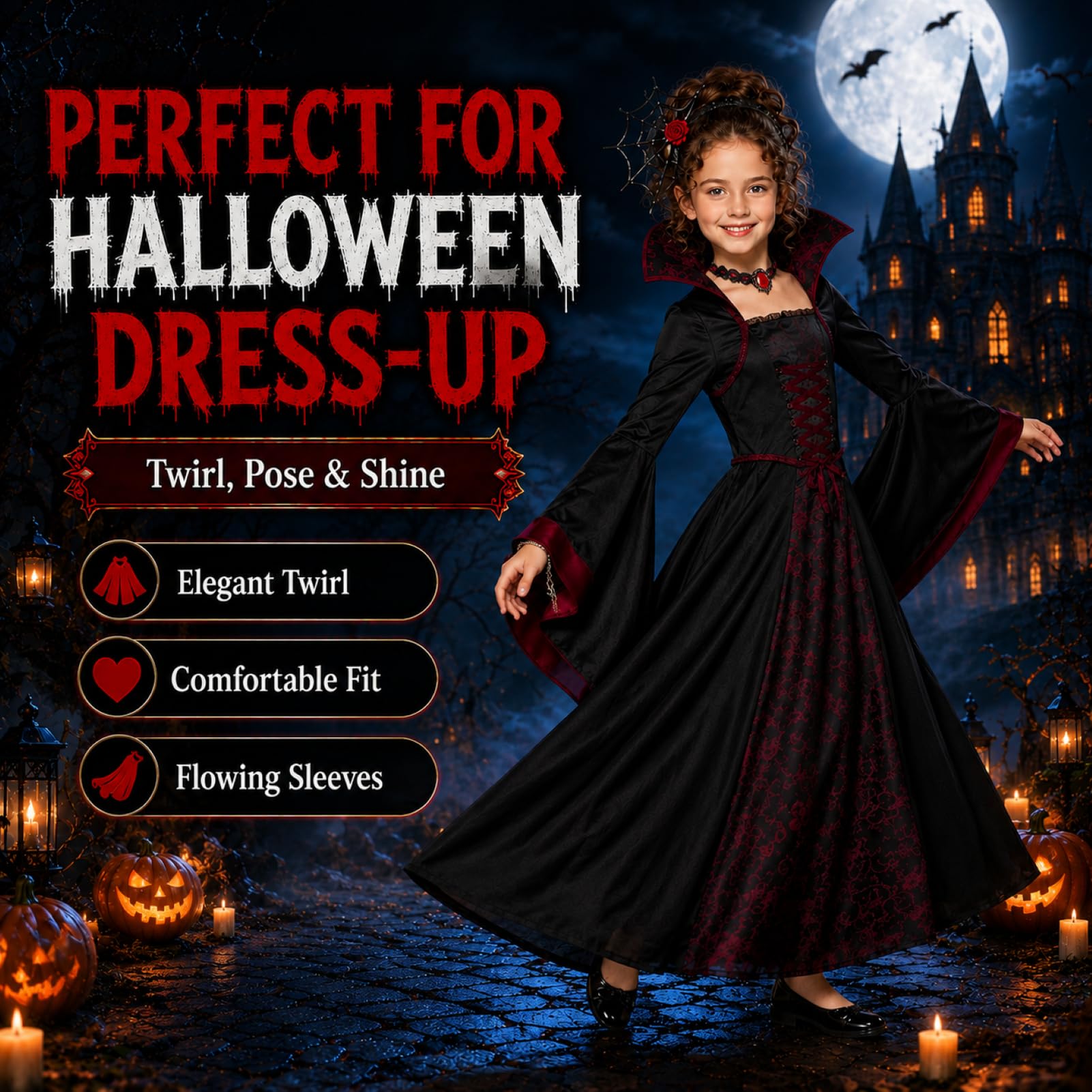 Mädchen Gothic Vampirkostüm Umhang 3-5 5-8 8-12 Gruseliges HalloweenCosplay