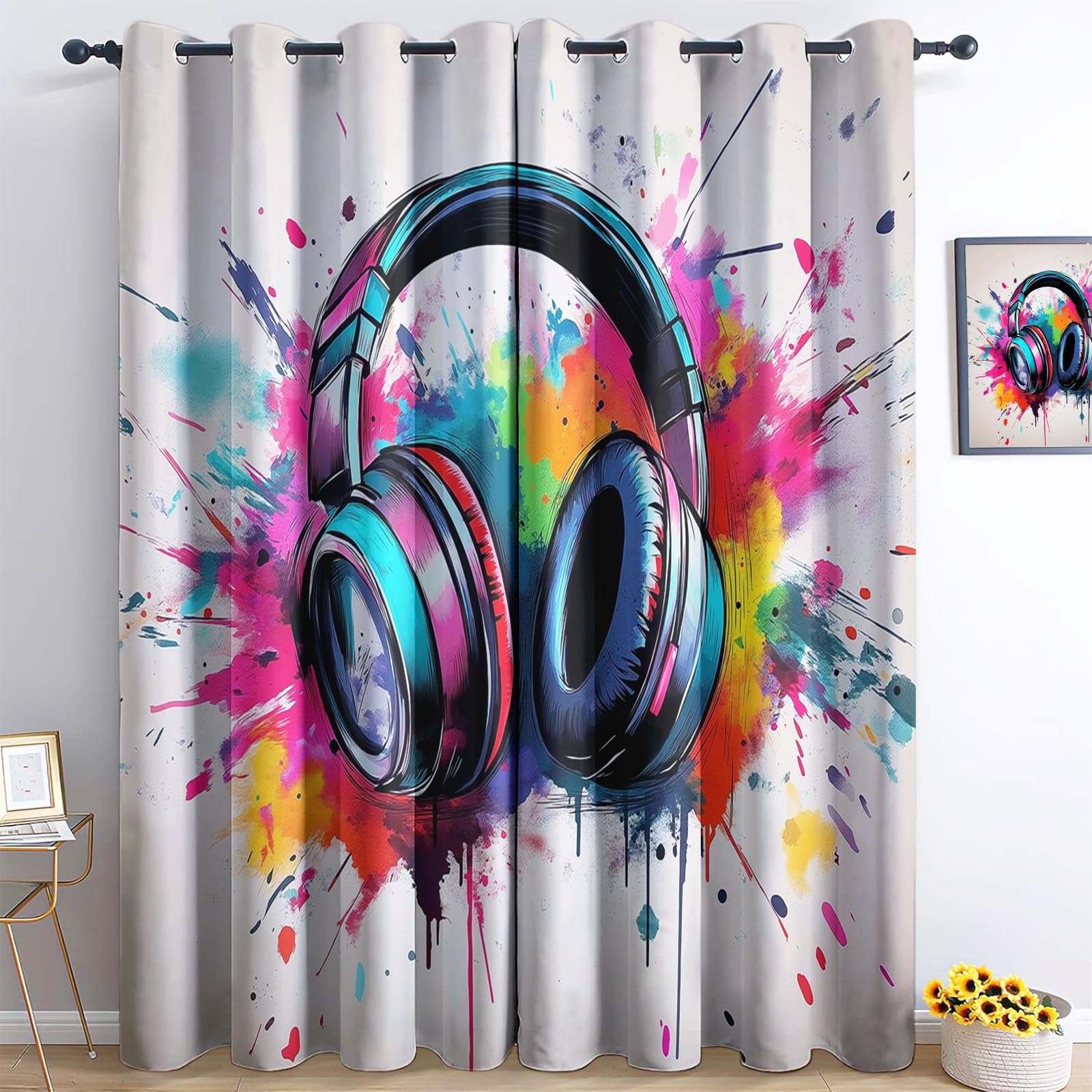 Bedruckte Verdunkelungsvorhänge mit Ösen, Graffiti Kunst Kopfhörer Blickdicht Thermo Isoliert Vorhänge, Privatsphäre Schützende Gardinen für Schlafzimmer Wohnzimmer, 2er Set H 214 x B 91.5 cm