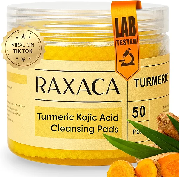 Turmeric Kojic Acid Cleansing Pads, 50 Pcs Kojic Acid And Turmeric Cleansing Pads for All Skin Types, Exfoliating Cotton Rounds, Dark Spots Remover for Face, Deep Clean Pores