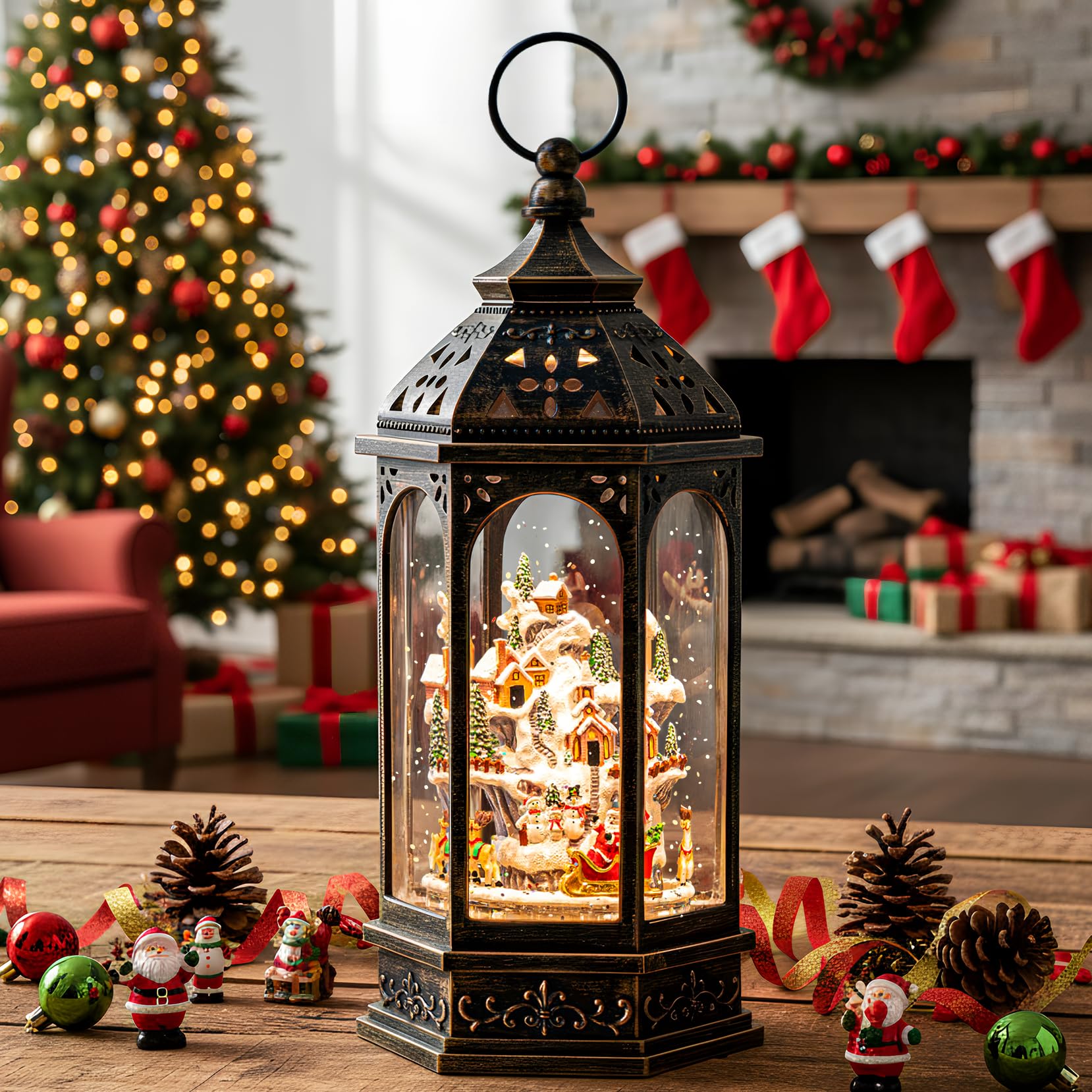 Edificios animados de pueblo de Navidad con figuras en movimiento, linterna de agua iluminada, forro USB/funciona con pilas, globo de nieve para decoración de festivales de Navidad, regalos