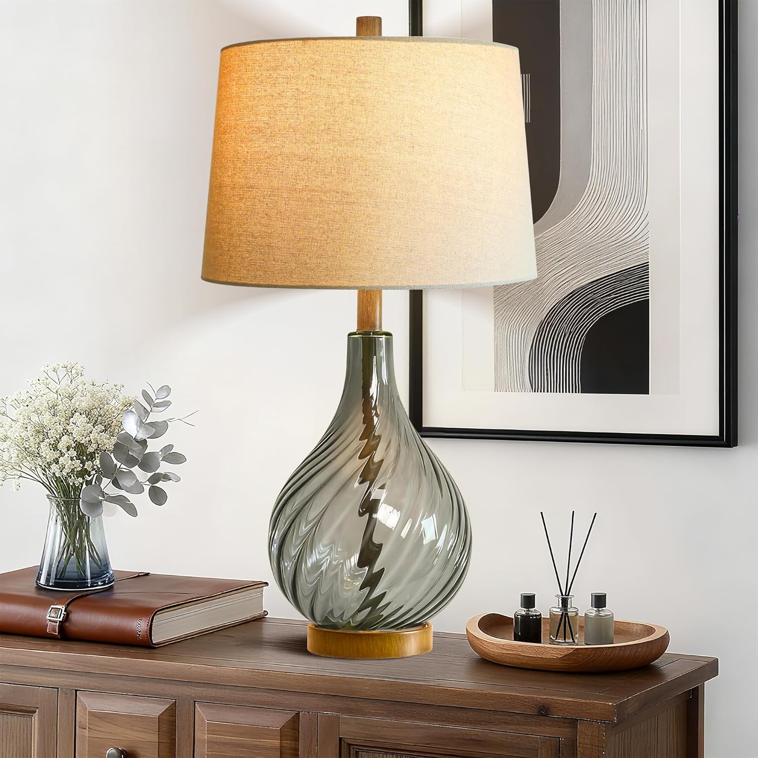 QiMH Glass Table Lamps for Living Room, Farmhouse Bedside Lamps for Nightstand, 28" Large Tall Lamp with 3 Color Temperature Rotary Switch, Modern Table Lamp for Bedroom Office, LED Bulbs Included