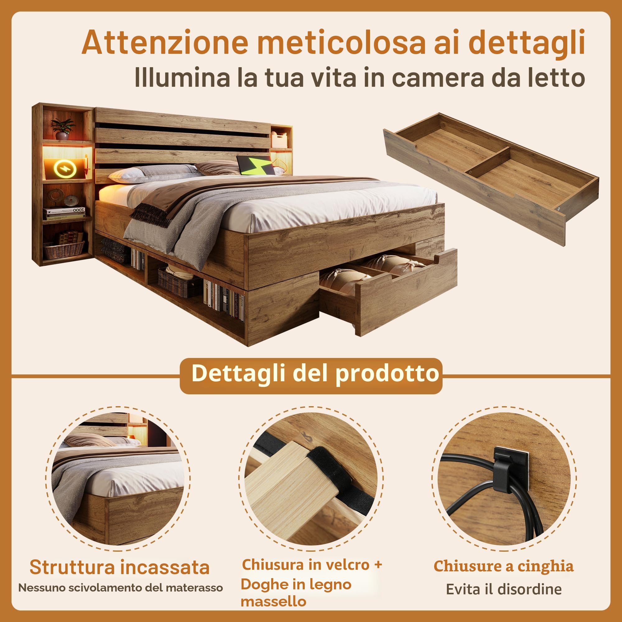 KEYIDE Letto matrimoniale in legno massiccio rovere, 160 x 200 cm, con illuminazione LED, testiera e cassetti, rete a doghe, senza materasso