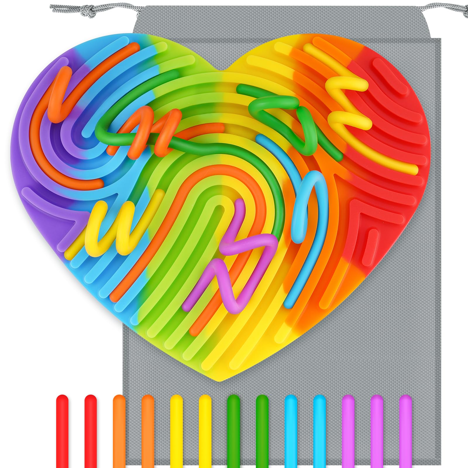 13 Silicone Strings Sensory Board Toy for Kids, Sensory Activity Board, Busy Board, Travel-Friendly STEM Montessori Fidget Toy for Fine Motor Skills and Hand-Eye Coordination (Heart, Rainbow)