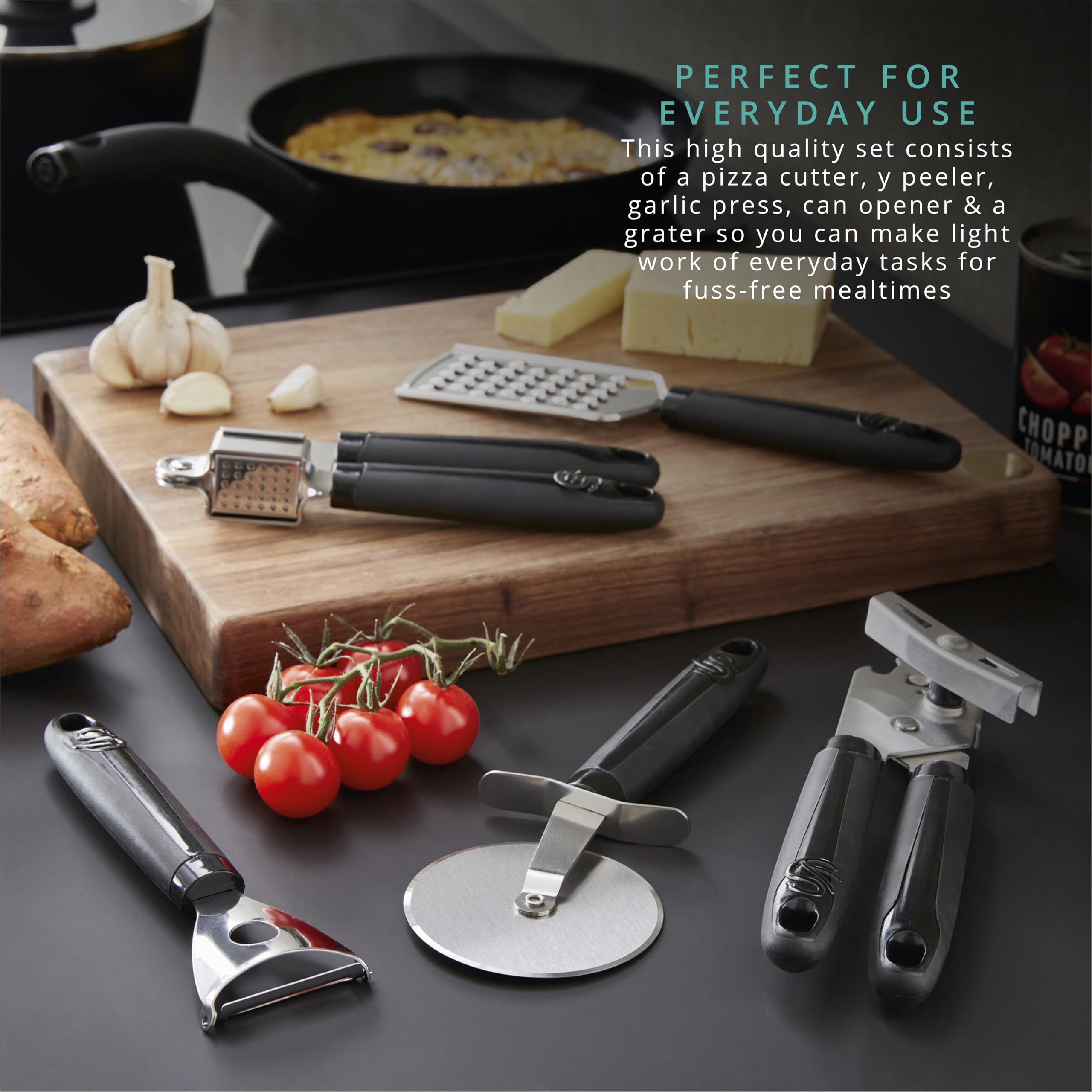 Swan Stealth 5 Piece Stainless Steel Gadget Set, Pizza Cutter, Y Peeler, Garlic Press, Can Opener, Grater, Soft Touch Handles - Image 4