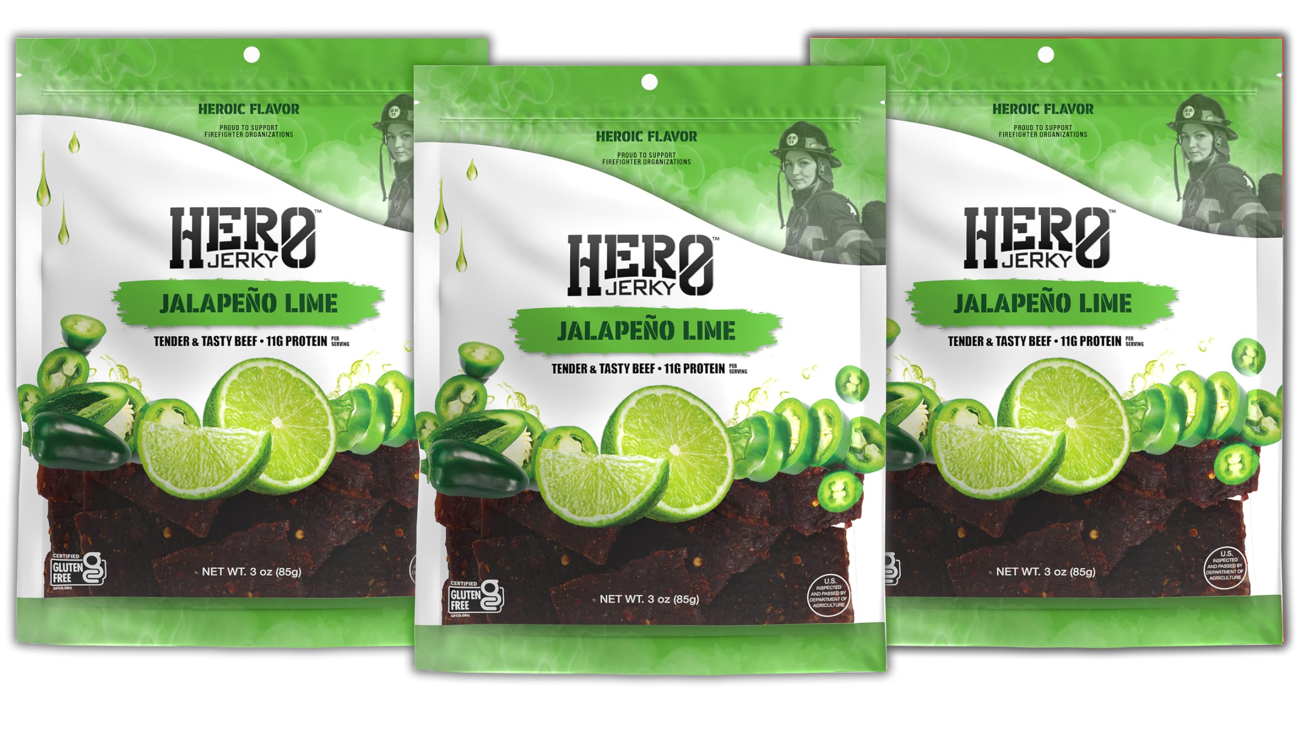 Hero Jerky Jalapeno Lime Beef Jerky Pack of 3 – Naturally Smoked, Gluten-Free, Tender & Tasty Beef Jerky, High Protein Snacks 3 Ounce
