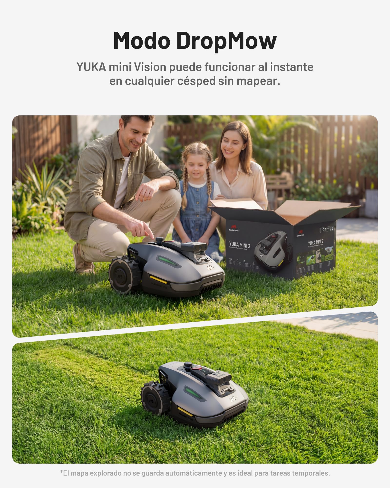 MAMMOTION YUKA Mini 2 500 Robot Cortacésped sin Cable Perimetral, Sin Señal Perdida, Sin RTK, Visión AI Tri-CAM, DropMow, Pendientes hasta un 45%, hasta 500㎡, Mapeo Automático Multi-Zona