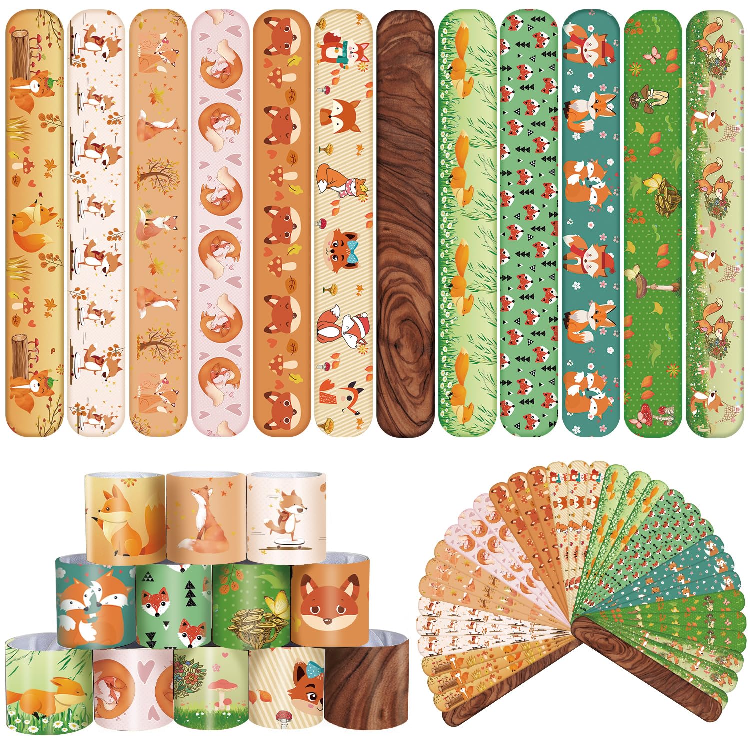 Fox Party Favors 48 PCS Forest Fox Slap Bracelets Cartoon Forest Animals Party Wristbands for Kids Boys Girls Woodland Party Supplies Birthday Party