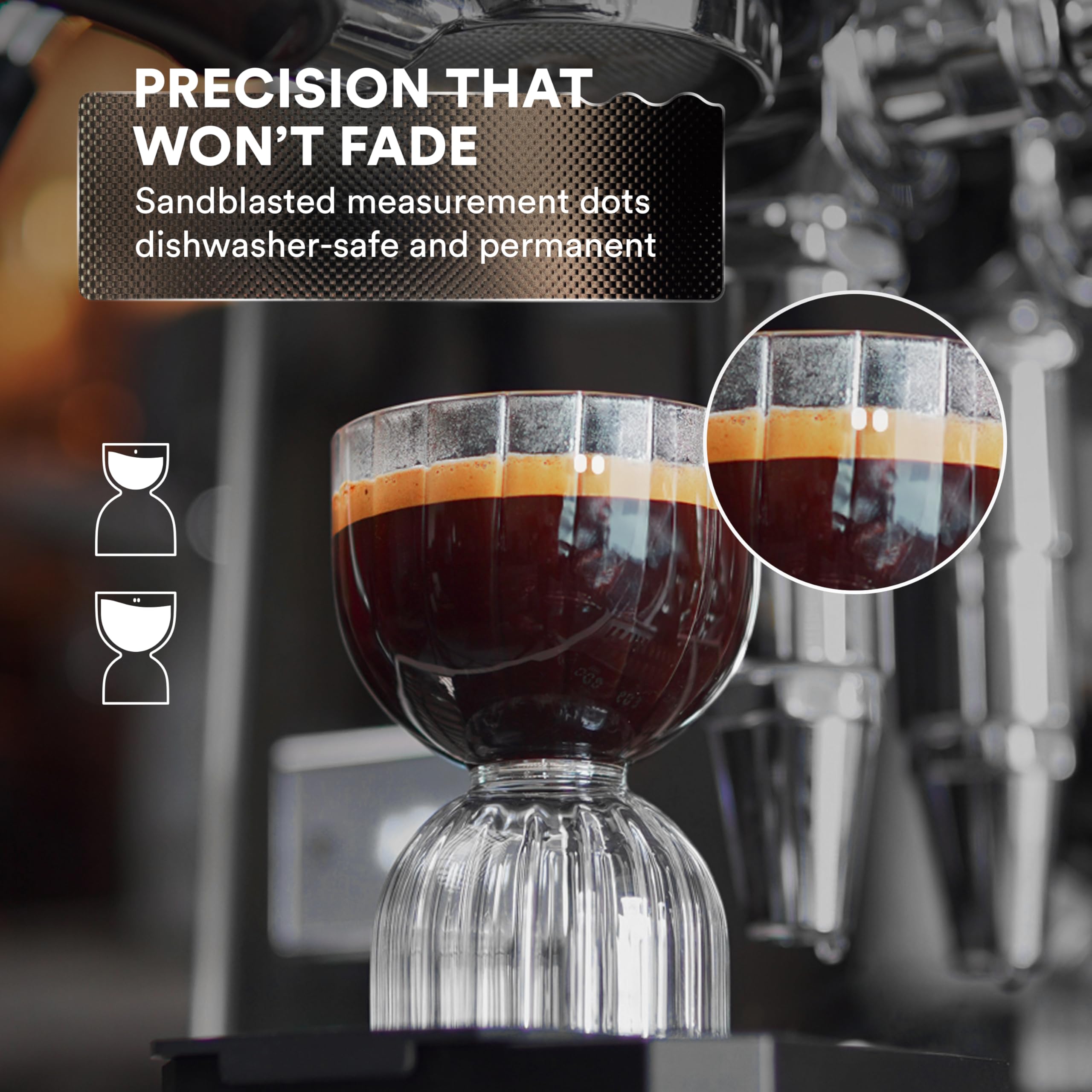 ovalware Espresso-Schnapsglas, 2er-Set, 30 ml und 60 ml, stapelbare Borosilikatbecher, Cool-Touch-Thermoboden, permanente sandgestrahlte Messpunkte für gleichmäßige Espresso-Shots
