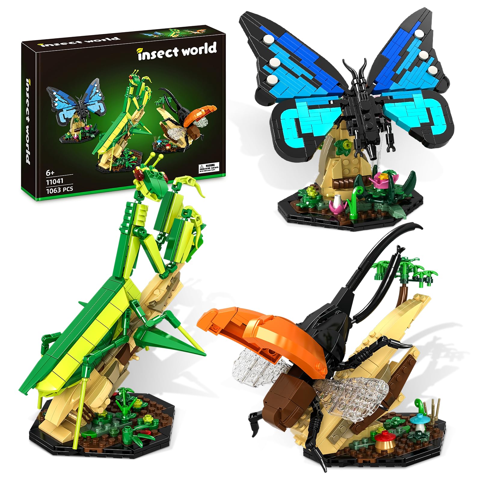 3 en 1 Insect World Bausteinset 1063 Teilige Modellbausätze für Schmetterlinge und Gottesanbeterinnen, STEM Bildungstoy für Kinder 6+, Kreative DIY Collection Bausteine Geschenk für Jungen und Mädchen