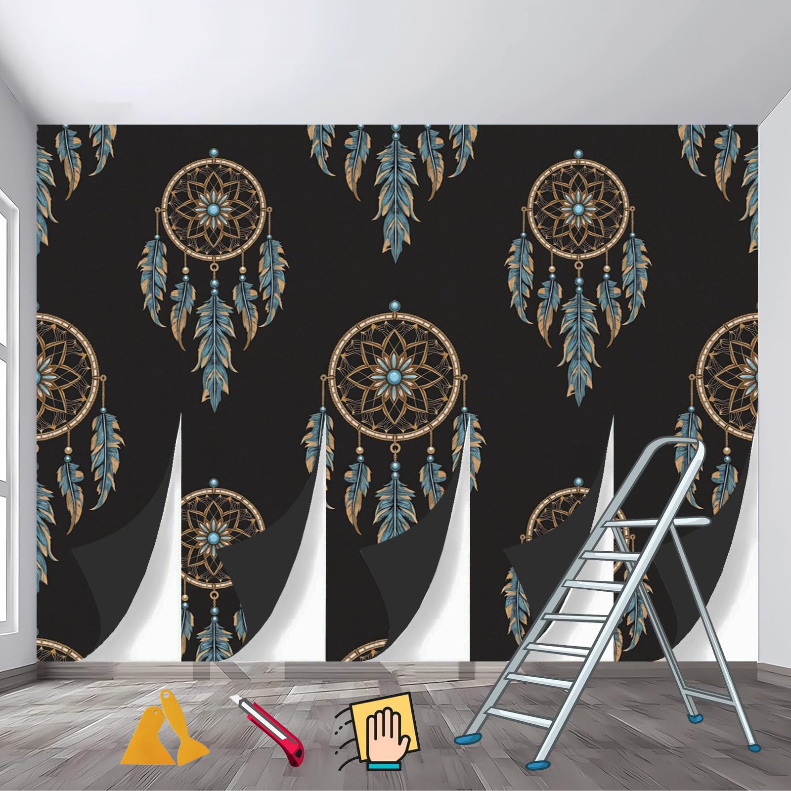 Fototapete Traumfänger Ethnische goldene Luxusfedern Wandtapete Groß Modern Wandbild für Wohnzimmer Schlafzimmer Büro Café 250x175cm(nicht selbstklebend,) Dekorative Tapeten,Non self-adhesive