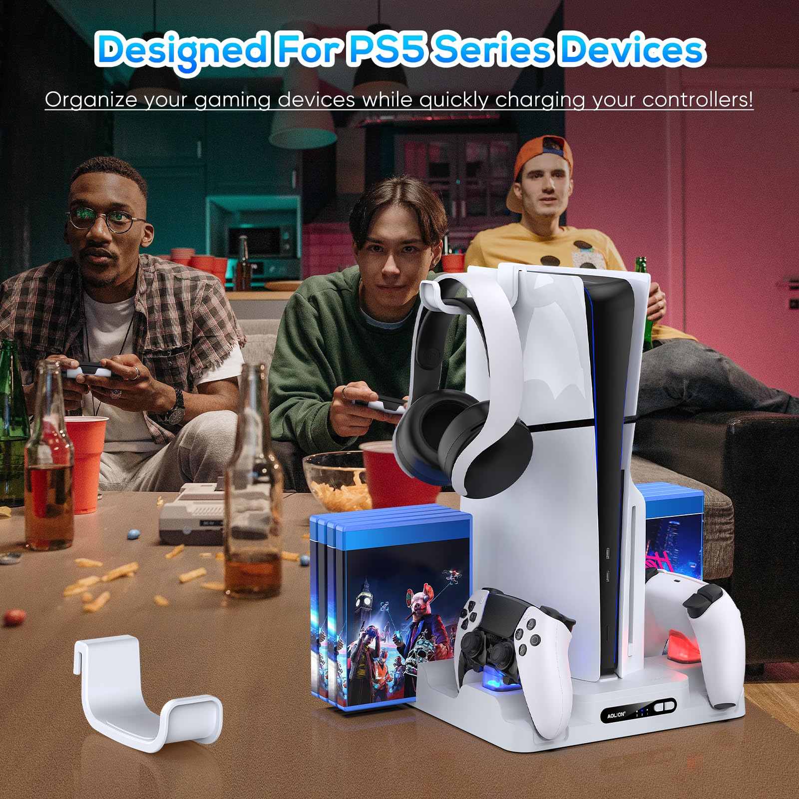 FASTSNAIL Support avec Ventilateur pour PS5/PS5 Slim/Pro Disc & Digital, Socle Compatible avec Playstation 5/Slim/Pro，Manette Chargeur Rapide pour DualSense/Edge, Accessoires pour PS5/PS5 Slim/Pro