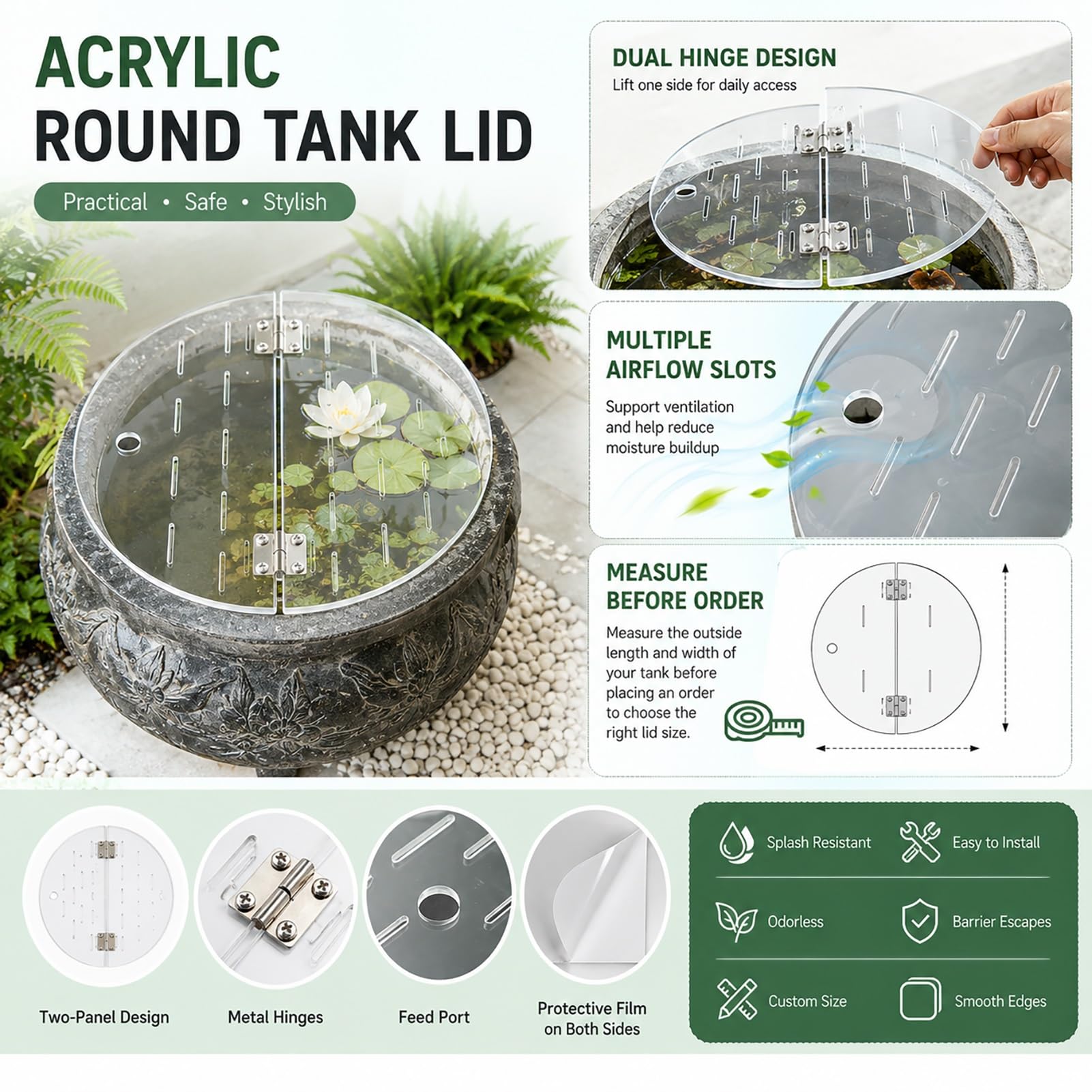 Couvercle d'aquarium en Acrylique, Couvercle d'aquarium Rond en Acrylique Transparent, 5mm, Double charnière, Port d'alimentation, Saut, Plusieurs Tailles(Dia45cm(17.7in))