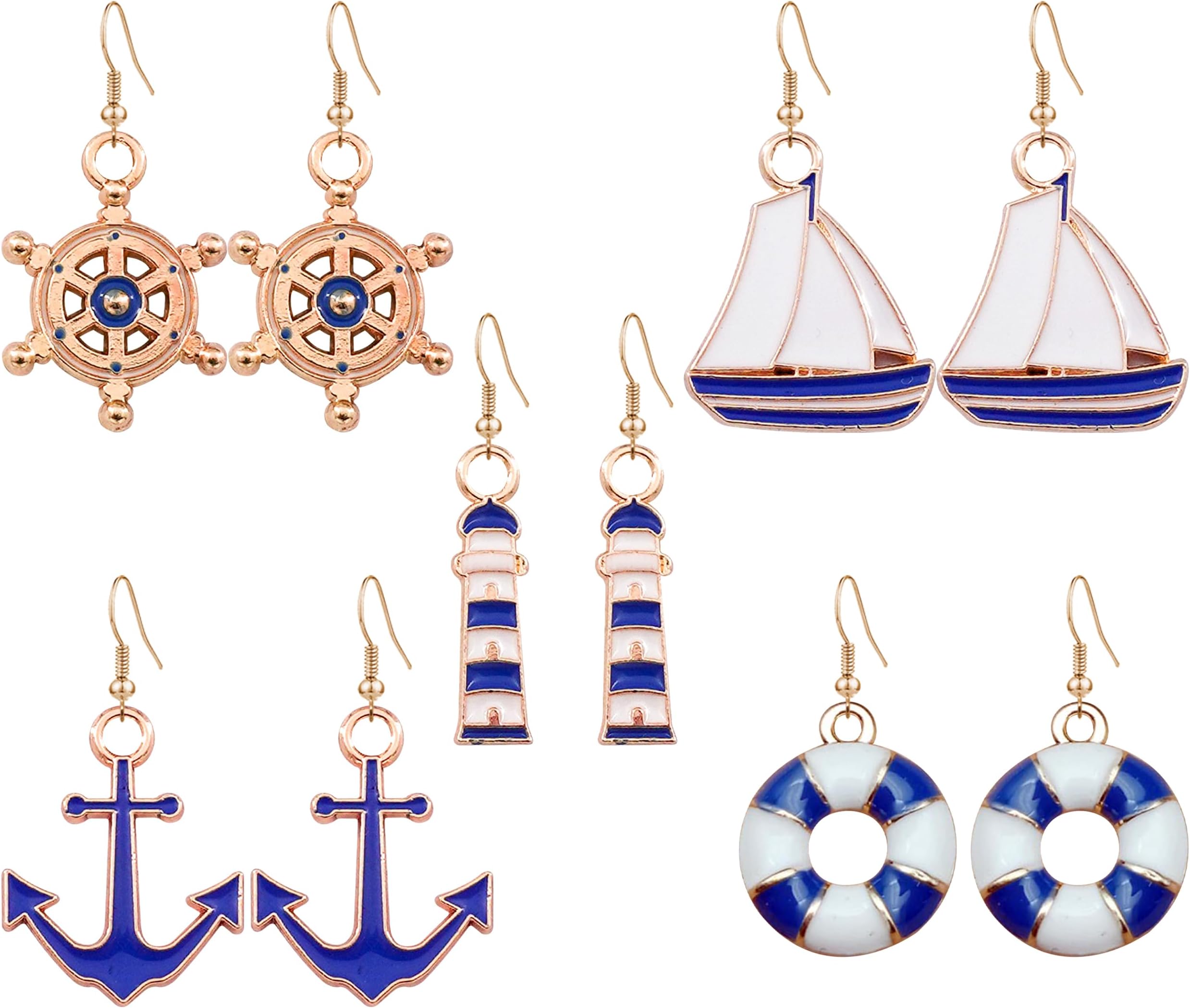 5 Pairs Nautical Themed Jewelry Sailboat Earrings Sailor Earrings Unique navy Nautical Ship Wheel Anchor Statement Drop Stud Earrings for Women Fashion Jewelry