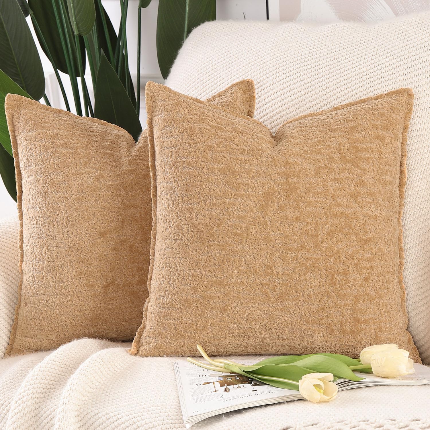 Madizz Pack of 2 Chenille Velvet Cushion Covers 40x40 cm Beige Soft Neutral Decorative Throw Pillow Covers Accent Boho Pillowcases for Couch Sofa Modern Farmhouse Home Decor