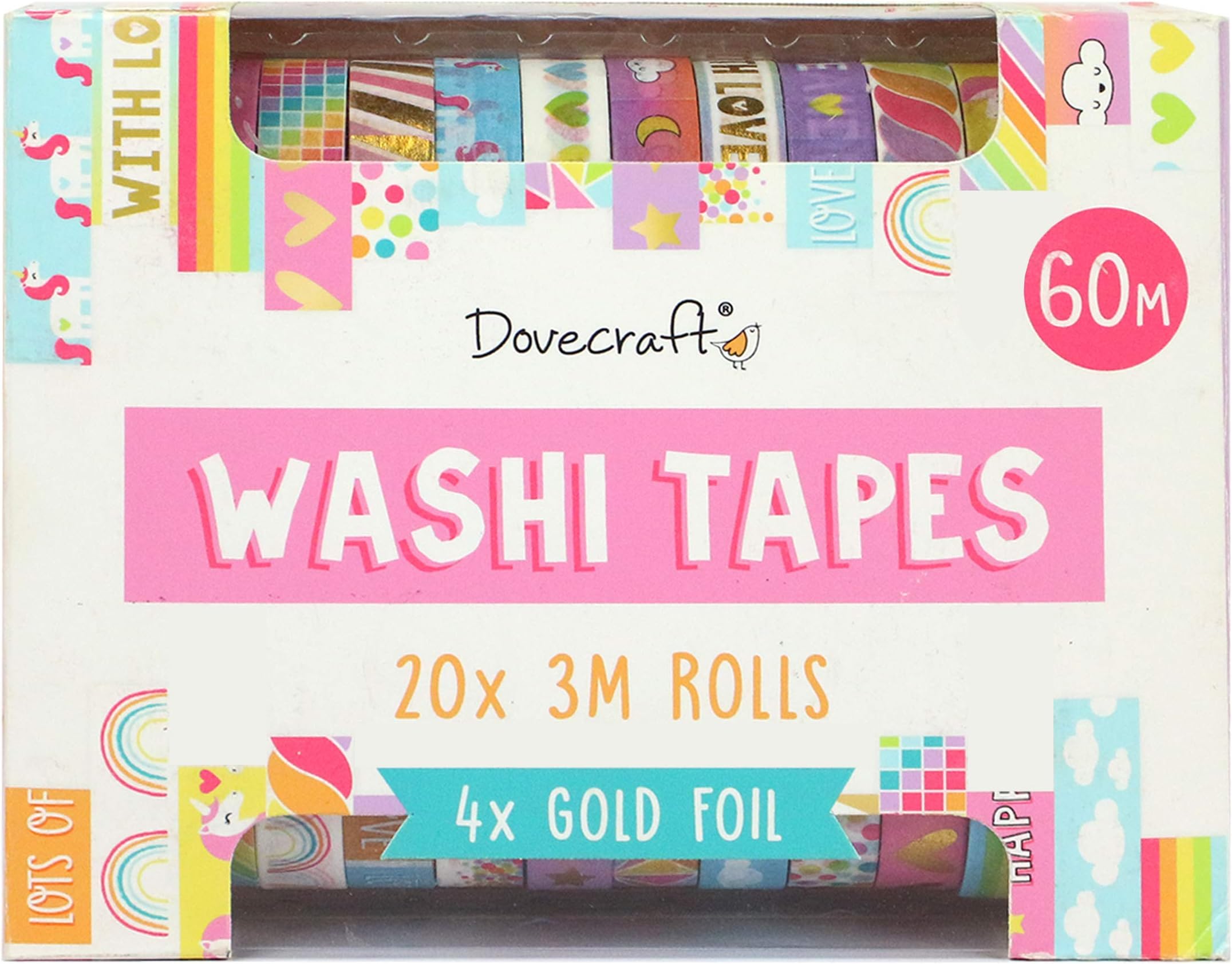 Dovecraft Washi Tape Box-20 Designs-Brights-10mm Width-3m Rolls-Includes Storage Box-for Crafts, Stationery, Journaling, Home Décor, Paper, Multicolour, One Size