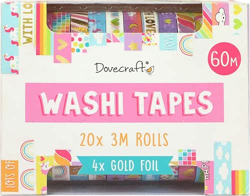 Dovecraft Washi Tape Box-20 Designs-Brights-10mm Width-3m Rolls-Includes Storage Box-for Crafts,