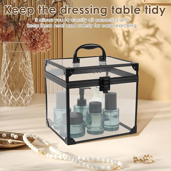 Crown Boxes for Pageants 7.9 X 6.7 X 7.5 In Clear Large capacity Makeup Train Case Cosmetic Case with Latches and Handle Toiletry Organizer Box Travel Makeup Tools Storage Organizer Box