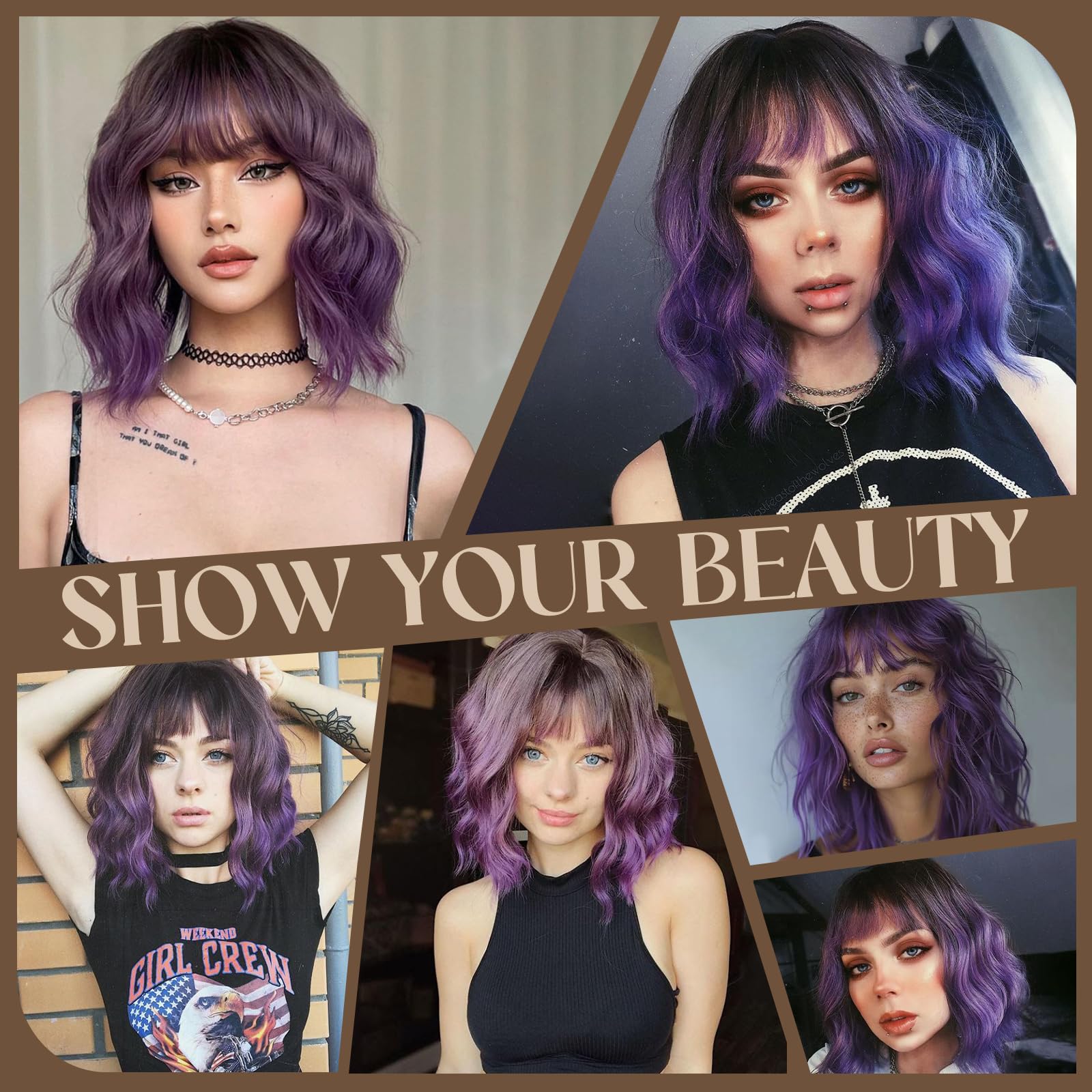 MISSQUEEN Short Wavy Bob Wig with Bangs, Synthetic Heat-Resistant Hair