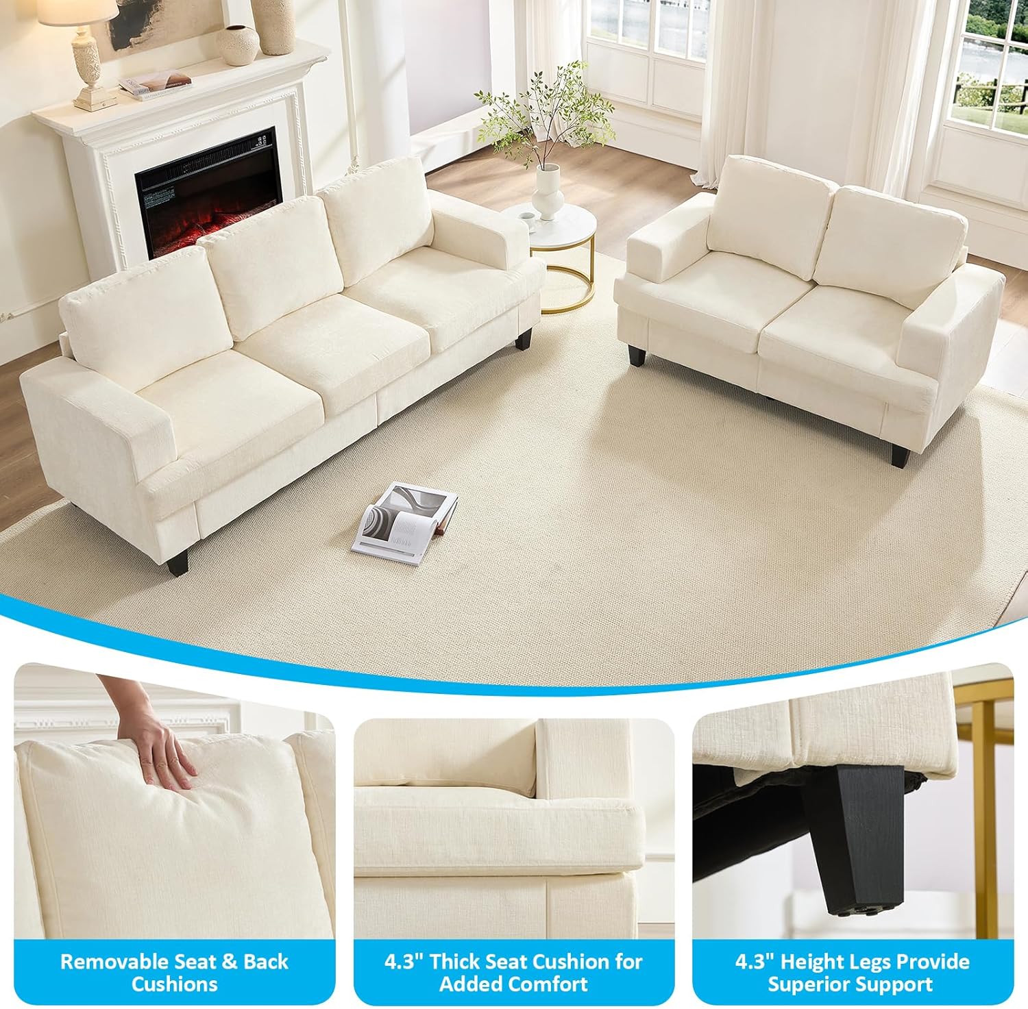 Mjkone 2 Pieces Living Room Sofa Sets, 82" W 3 Seat Sofas Couch and Loveseat Set, Sofas Couches Living Room Furniture Set, Sectional Couch Set for Home Office, 3-Seat Sofa + Loveseat, Beige