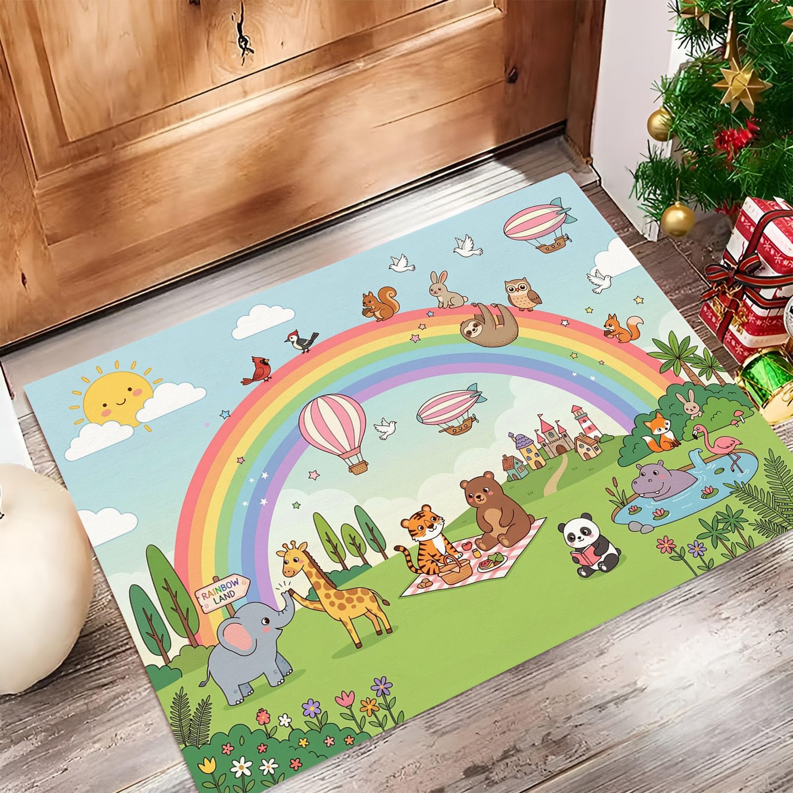 Felpudo de Entrada Tigre Panda Hipopótamo, 80x120cm Alfombra para Puerta Recolección Animales Bosque, Antideslizante, Lavable Alfombrilla para Pasillo, Cocina, Dormitorio, Verde