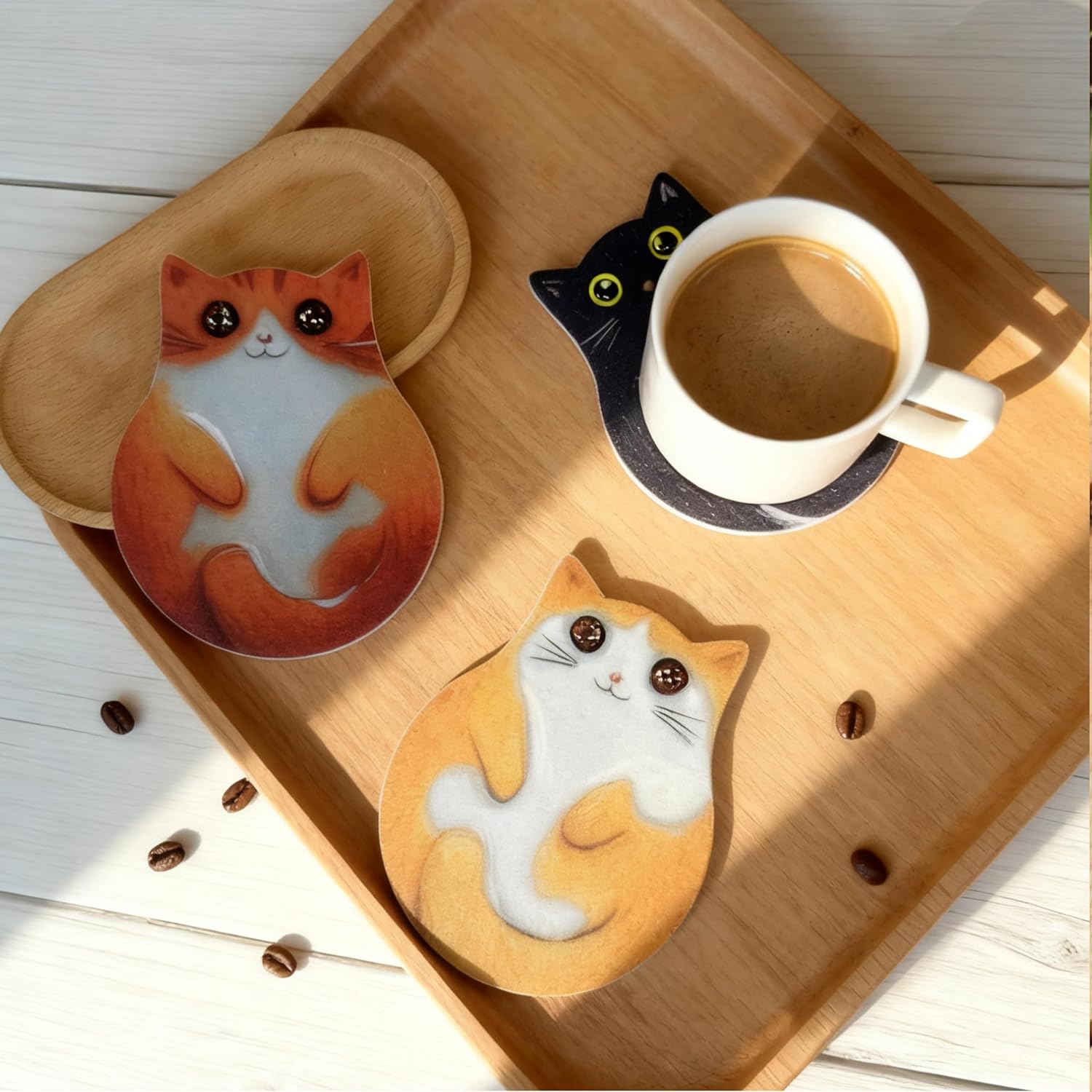 6-Pack Cat Coasters with Holder, Absorbent Felt Coasters with 6 Unique Cat Designs, Non-Slip Scratch Protection for Table, Washable Rustic Coaster Set for Coffee Mug, Housewarming Gift (6PC)